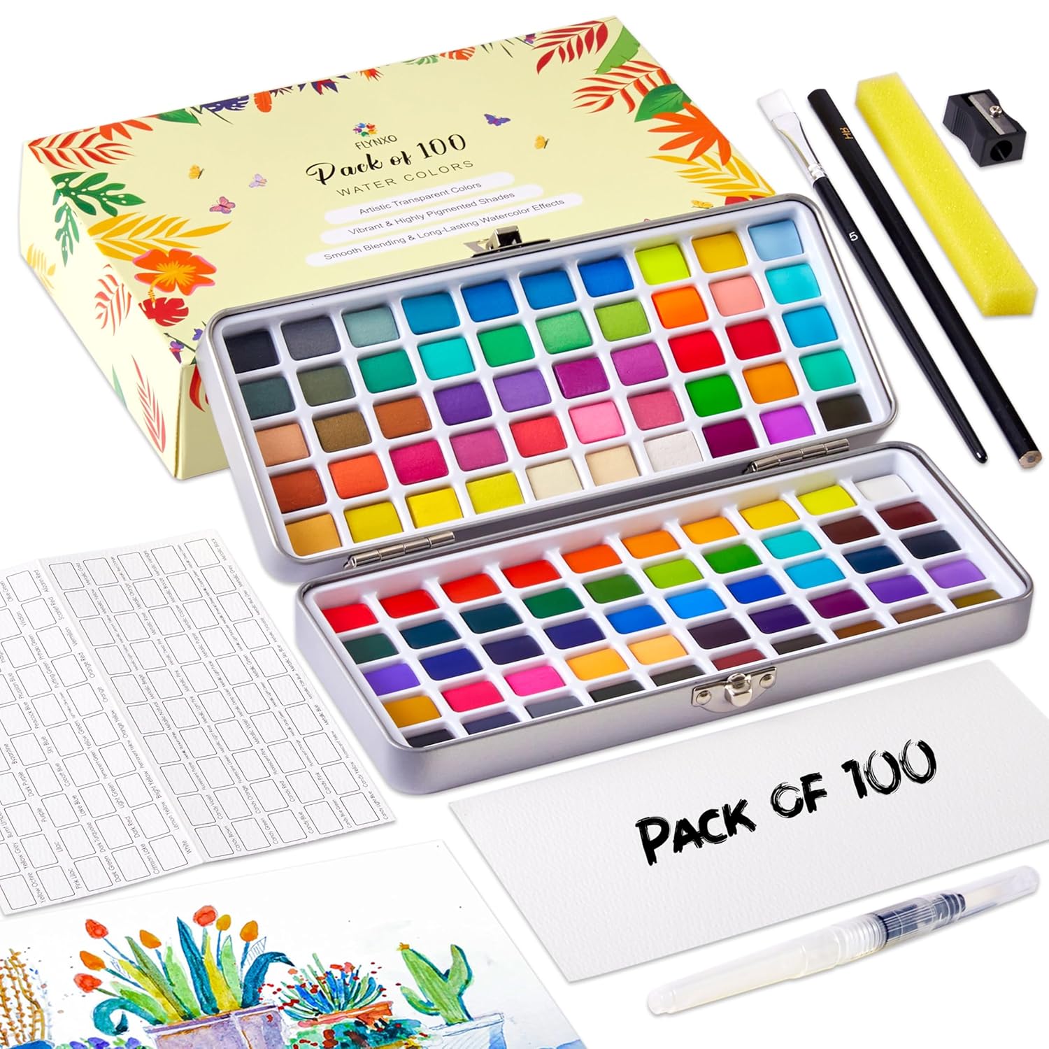 Watercolor Paint Set, 100 Colors, Includes Brushes And Palette, Metal Storage Case