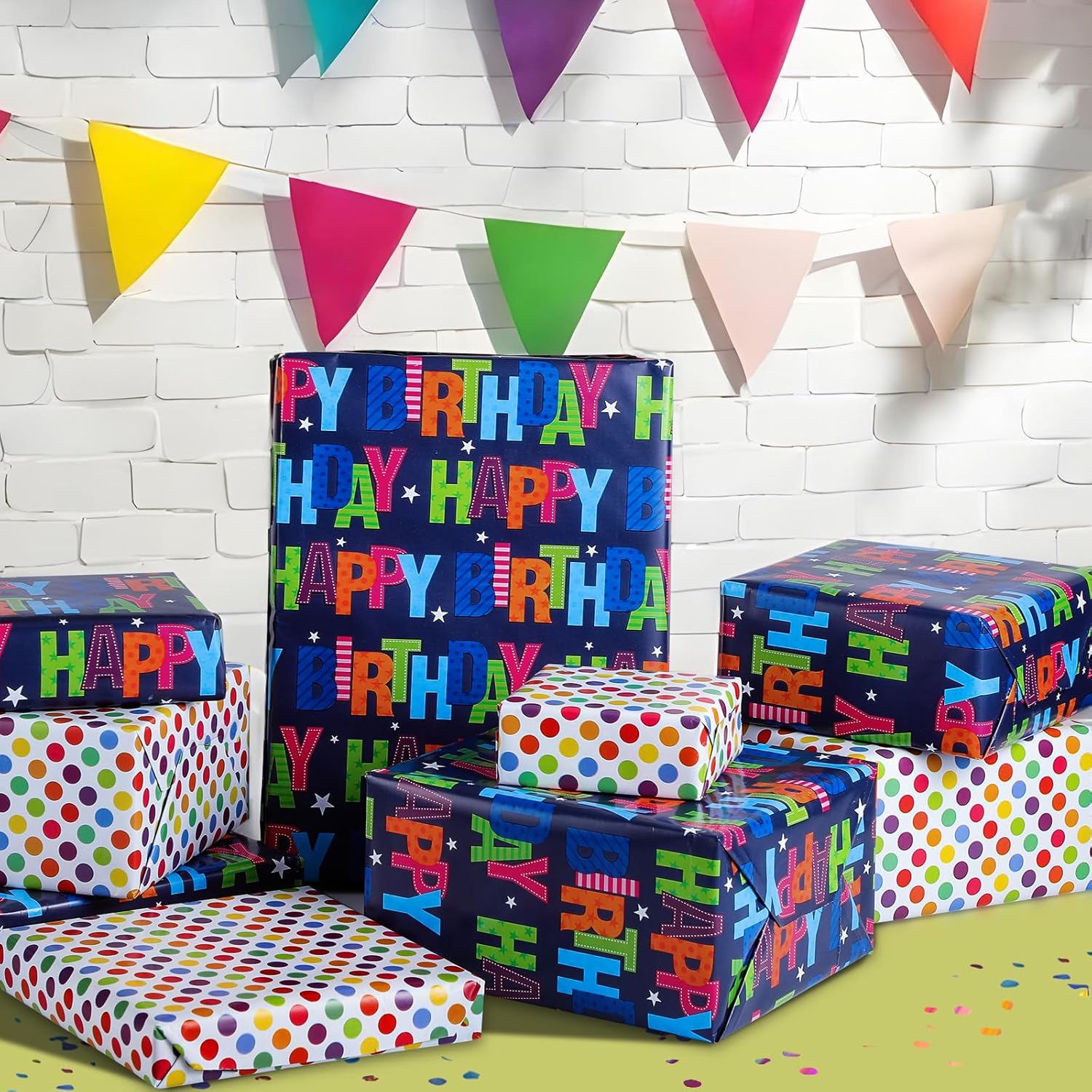 Reversible Birthday Wrapping Paper For Boys Girls Kids 17 Inch X 36 Feet Happy Birthday Lettering Gift Wrapping Paper For Party, Baby Shower, Holiday