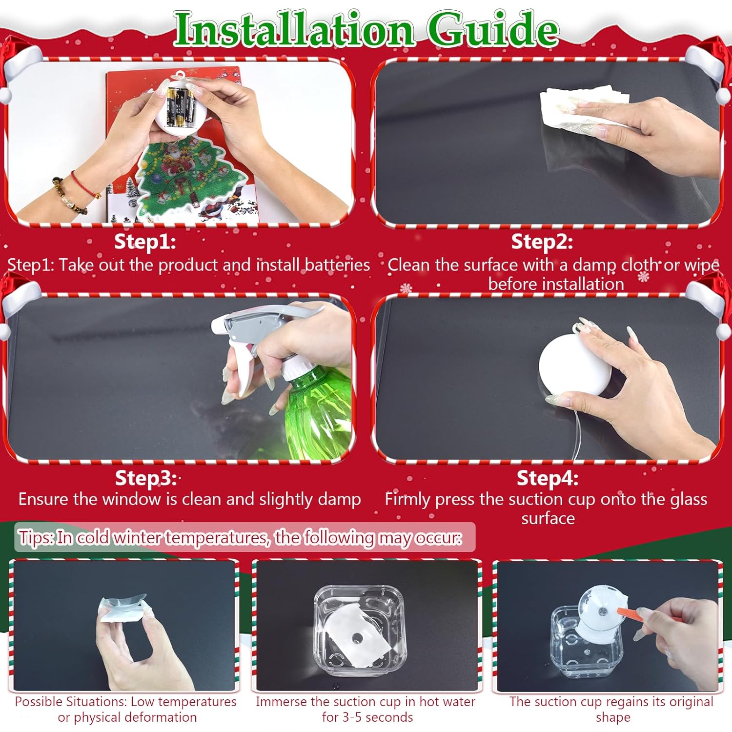Christmas Window Decorations Lights With Suction Cup 3 Pcs Battery Operated Hanging Light Santa Claus, Bells, Christmas