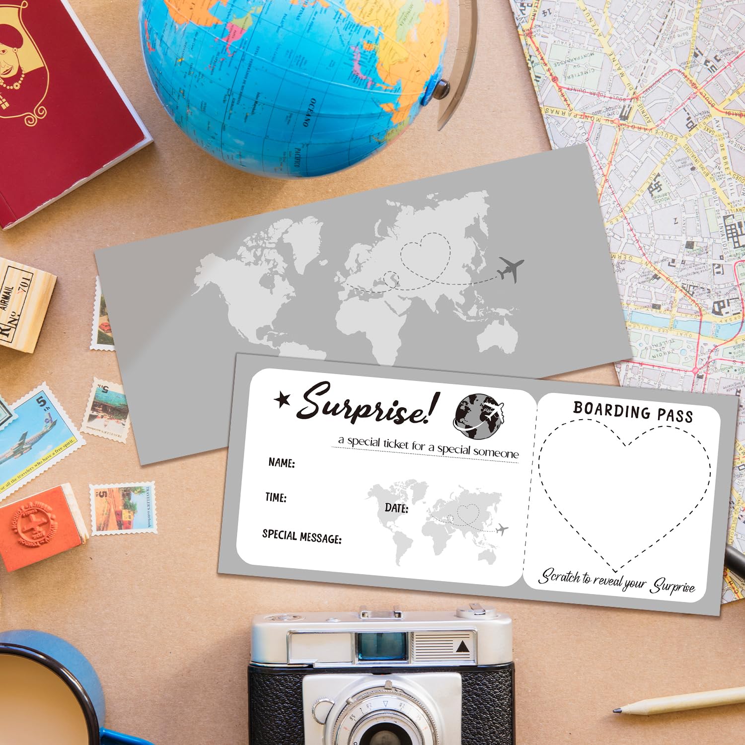 Personalised Gray Scratch-Off Boarding Pass Ticket With Envelopes, 2 Set 3.5"X8"Surprise Travel Ticket Gift, Special For Holiday Birthday Valentine'S Day Christmas Wedding Gift Card-005/2