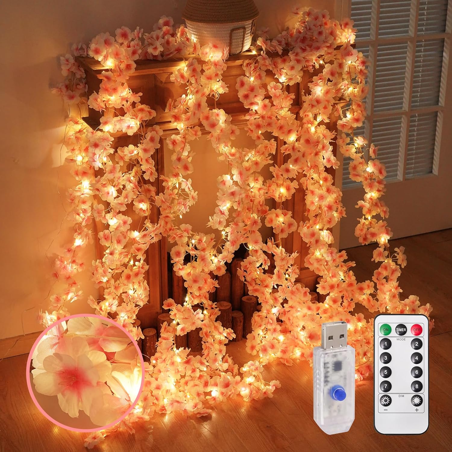 Artificial Cherry Blossom Lights?190 Led 5.5Ft X 6.2Ft Warm White Curtain String Lights With Remote And Timer, 8 Modes, Usb Powered For Room Wall Party Xmas Decor