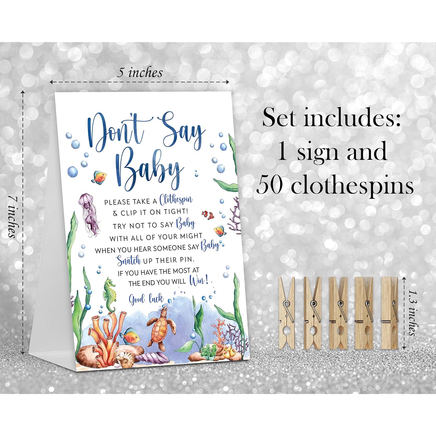 Don'T Say Baby Game, Ocean Under The Sea Baby Shower Game Include Baby Shower Sign And 50 Pcs Mini Clothespins, Gender Neutral Baby Shower Decoration, Party Favors Supplies-Lf32