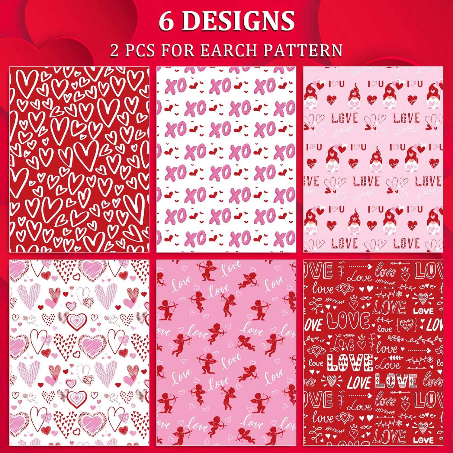 12 Sheet Valentine'S Day Wrapping Paper 19.7 X 27.6 Inch Love Heart Wrapping Paper Red Pink Romantic Cupid Pattern Wrapper Paper For Valentines Wedding Anniversary Party Craft Gift Decor