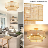 20 Inch Boho Rattan Flush Mount Ceiling Light Double Layer Wicker Fixture