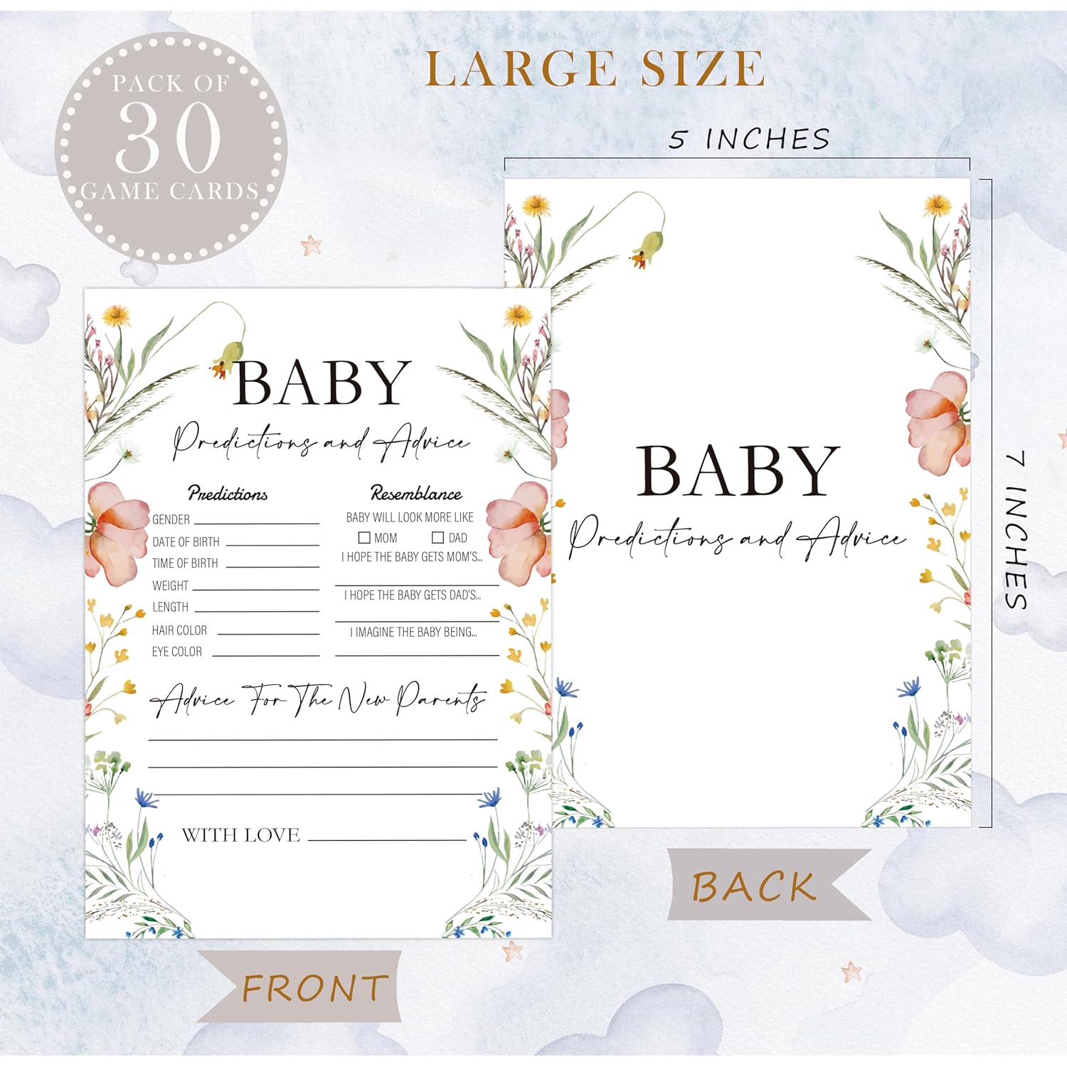 Boho Wildflower Baby Predictions And Advice Cards, Baby Shower Game, Pack Of 30 Game Cards, Gender Neutral Boy Or Girl, Fun Baby Game And Activity - Fa12