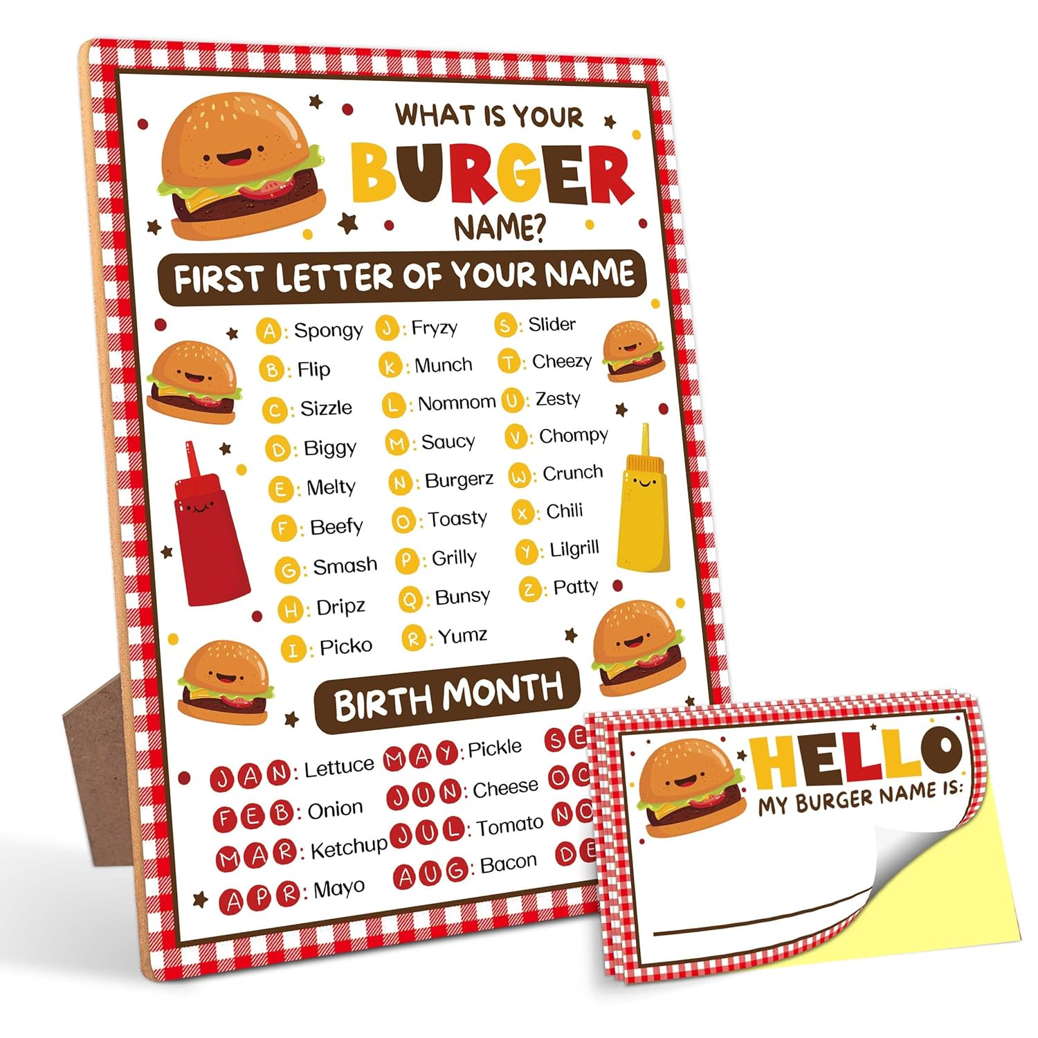 What Is Your Burger Name Game,30 Stickers, Burger Party Decor, Perfect For Birthday Party Activities 6×8 Wooden Play Sign With Stand