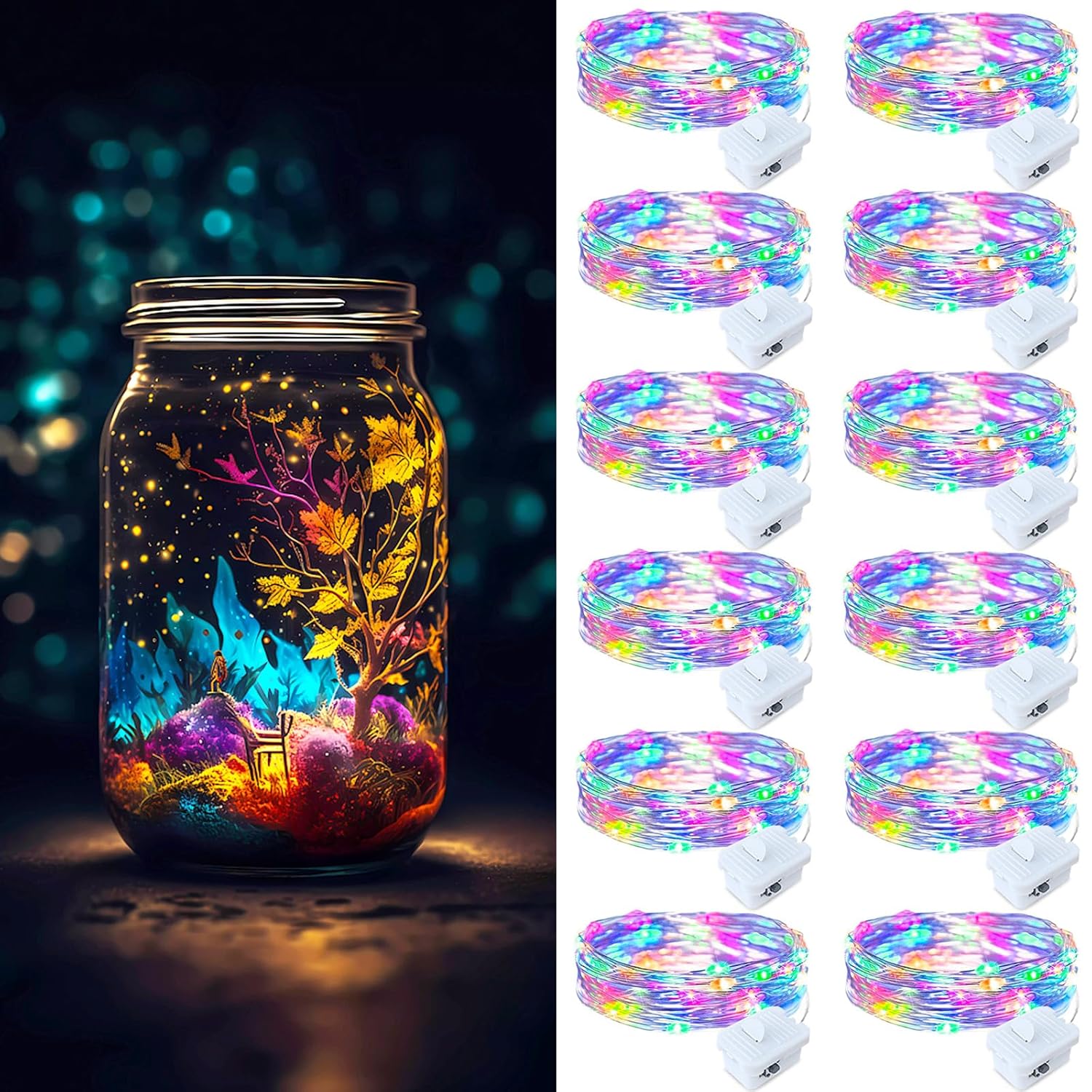 Fairy Lights Battery Operated, 12 Pack Colorful Mini String Lights 20 Led 7Ft Waterproof 3 Lighting Modes For Bedroom, H