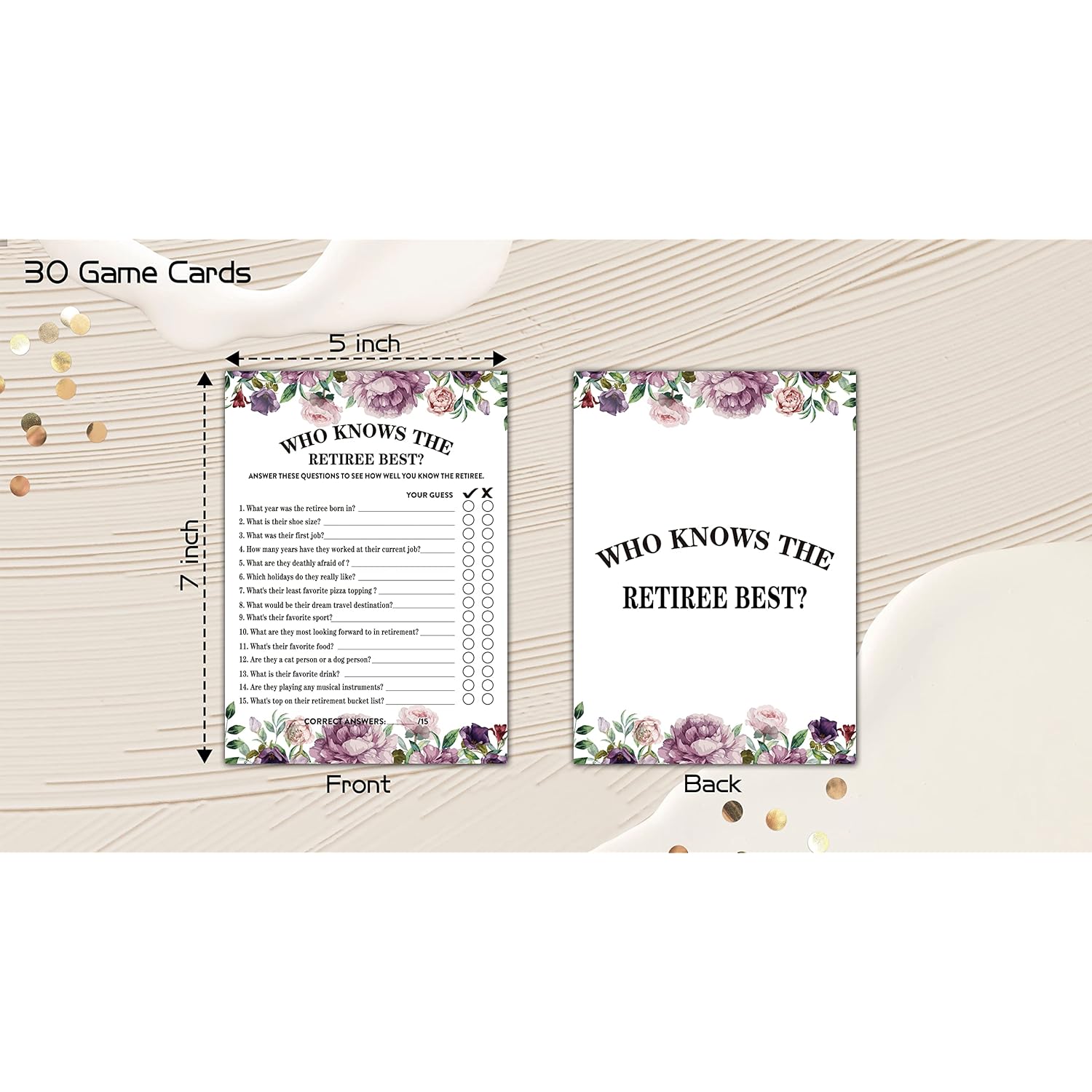 Retirement Party Games, Who Knows The Retiree Best Co-Worker Retirement Party Game Card, Purple Floral Retirement Party Ideas Activities Supplies Decorations(30 Game Cards) - B01