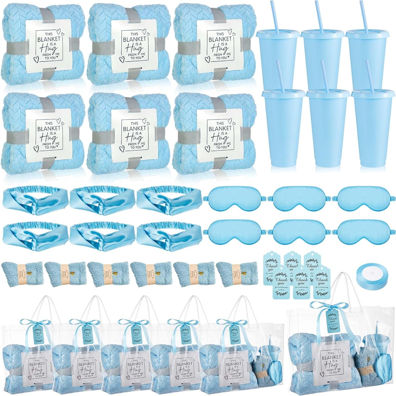 6 Set Baby Shower Prizes For Player Winners Adults Include Plastic Tumbler Blanket Eye Masks Silk Headband Bag Socks Tag Ribbon, Baby Shower Player Winners Bridal Game Gifts (Blue)