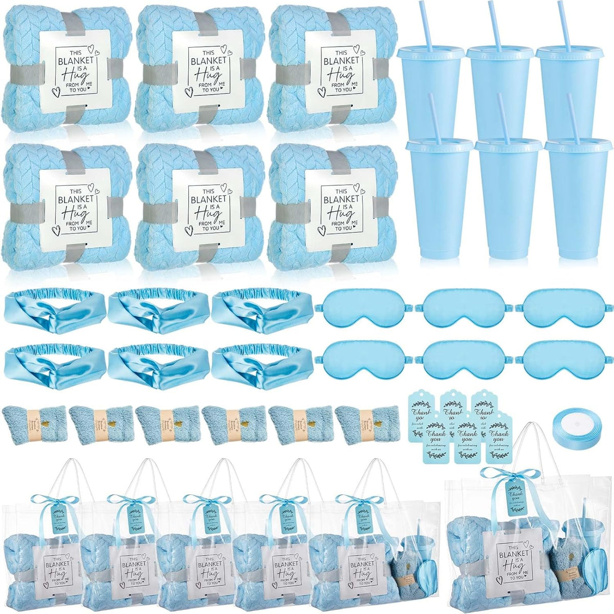 6 Set Baby Shower Prizes For Player Winners Adults Include Plastic Tumbler Blanket Eye Masks Silk Headband Bag Socks Tag Ribbon, Baby Shower Player Winners Bridal Game Gifts (Blue)