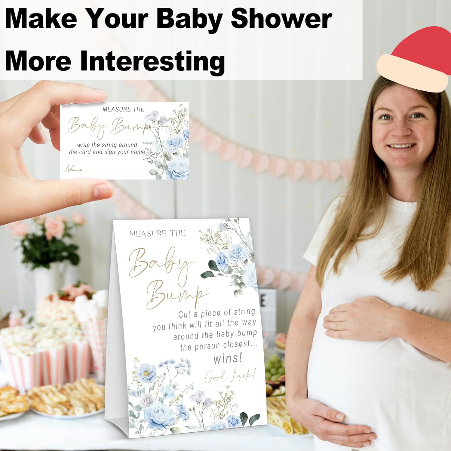 Baby In Bloom How Big Is Mommys Belly Game, Measure The Baby Bump Baby Shower Game, Blue Floral Baby Shower Party Decor & Supplies, 1 Sign & 50 Guess Cards-A04