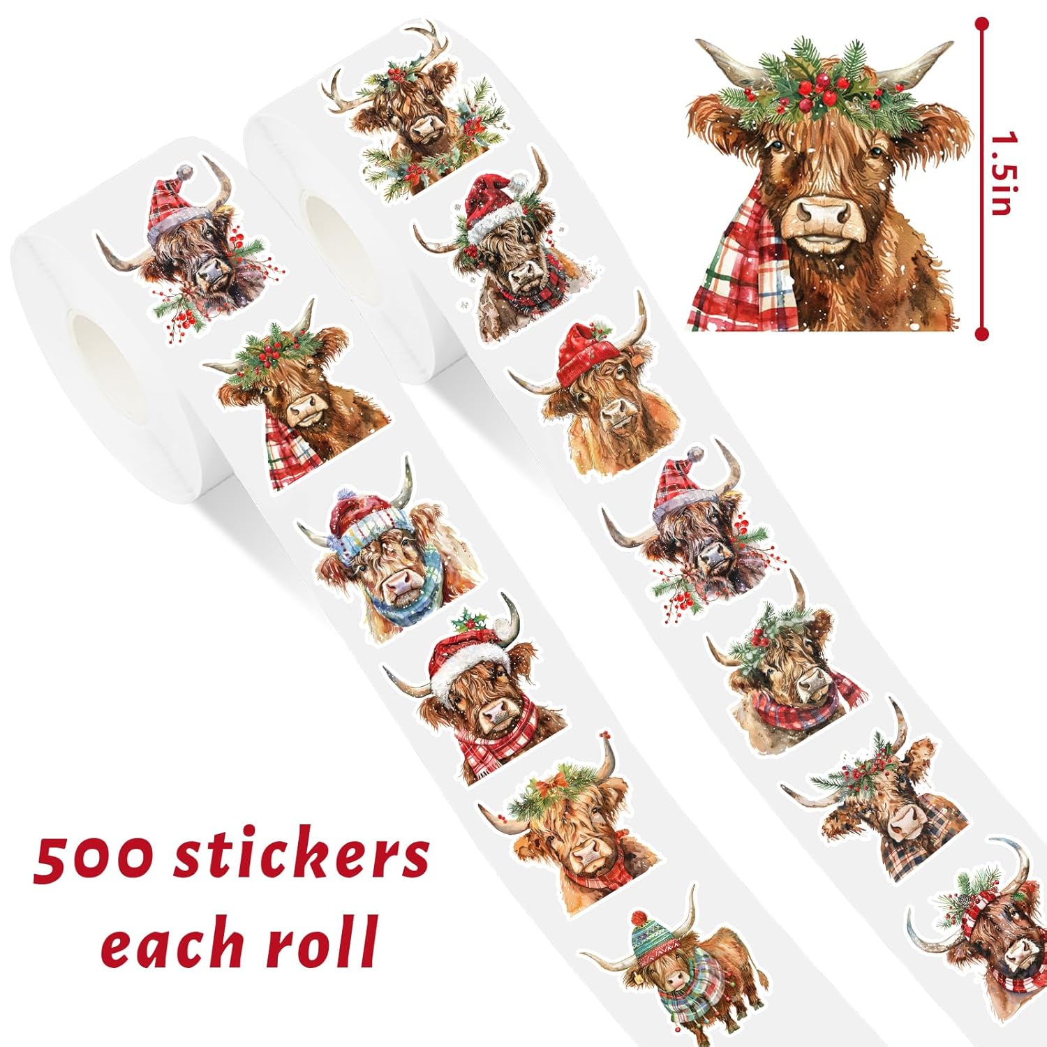 1000Pcs Christmas Highland Cow Roll Stickers Watercolor Rustic Cow Self-Adhesive Label Decals For Winter Xmas Seal Cards Envelopes, 2 Rolls, 12 Designs