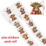 1000Pcs Christmas Highland Cow Roll Stickers Watercolor Rustic Cow Self-Adhesive Label Decals For Winter Xmas Seal Cards Envelopes, 2 Rolls, 12 Designs
