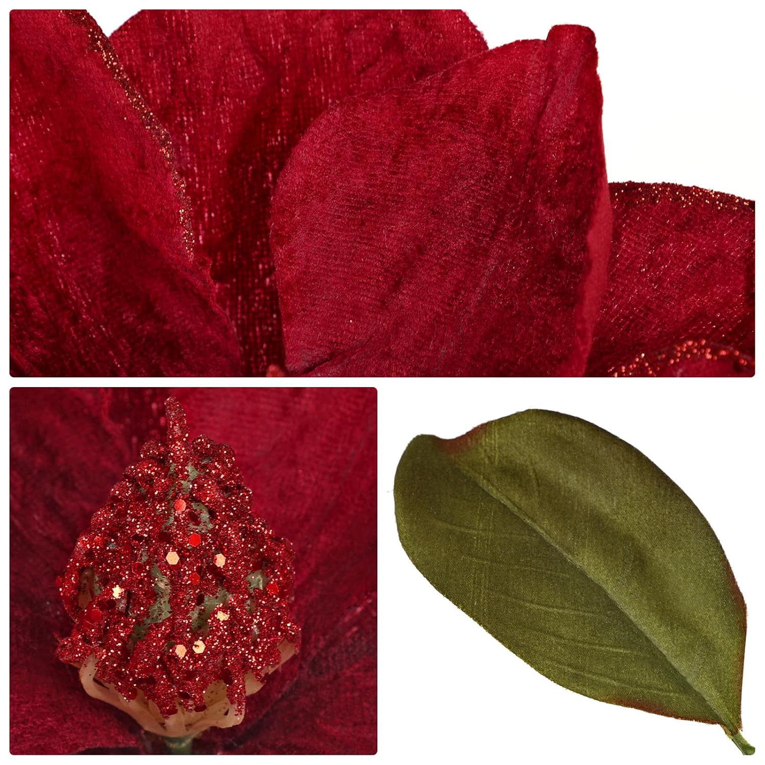 Set Of 3 Artificial Christmas Magnolias Flowers – 30’’ Long Stem Faux Magnolia Stems For Tree Ornaments, Holiday Centerpieces & Christmas Decor,Dark Red