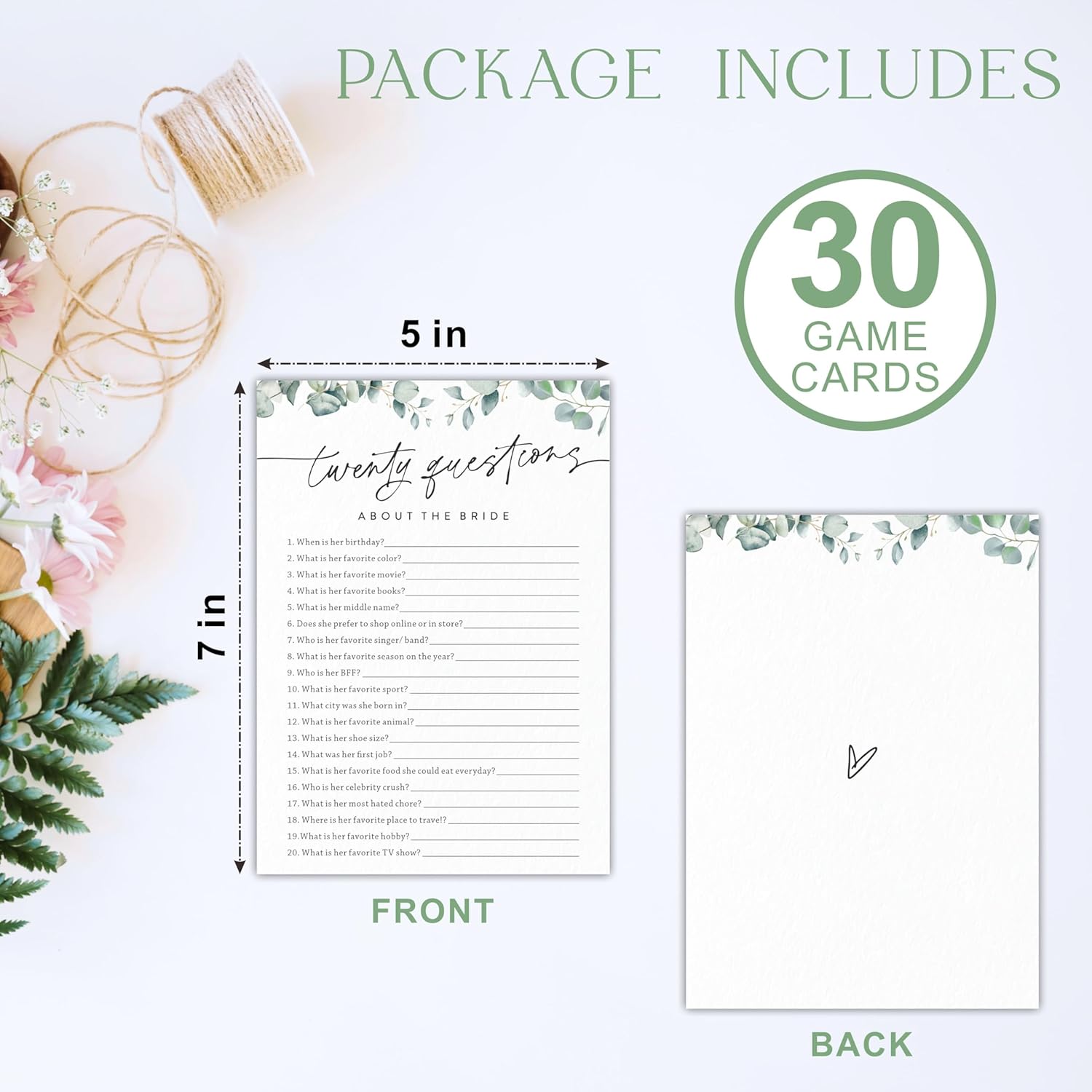 Twenty Questions About The Bride Bridal Shower Game - Greenery Eucalyptus - 30 Pcs Double-Sided Fill-In Wedding Game Cards For Newlyweds, Engagement Party Activities & Decorations -B08