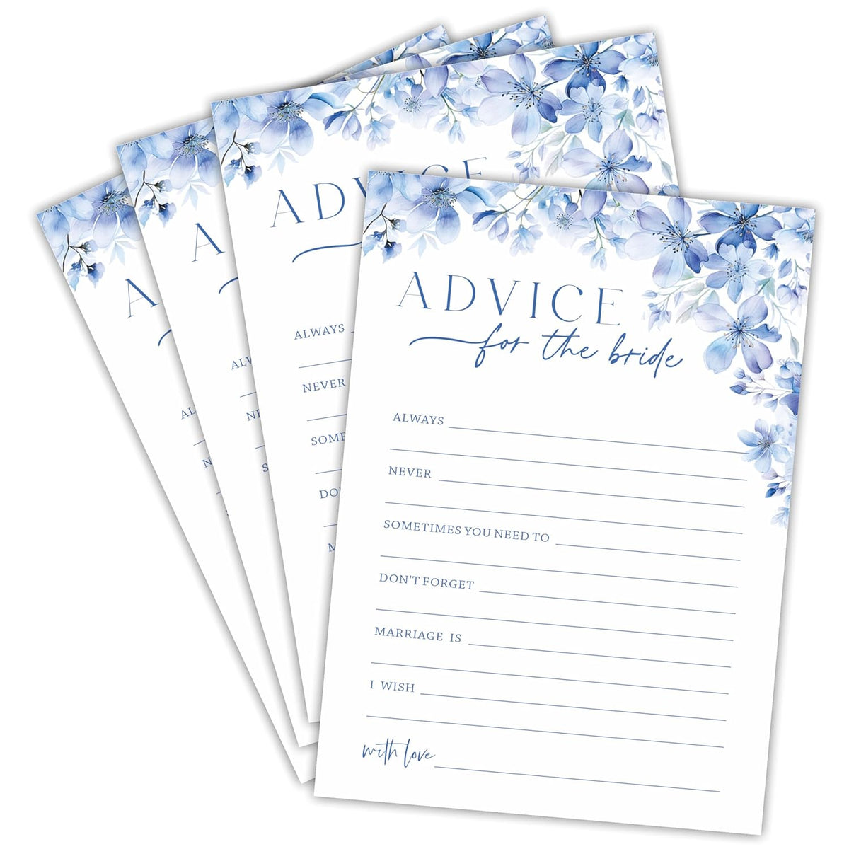 Advice For The Bride Bridal Shower Game - Blue Floral - 30 Pcs Double-Sided Fill-In Wedding Game Cards For Newlyweds, Engagement Party Activities & Decorations -A07