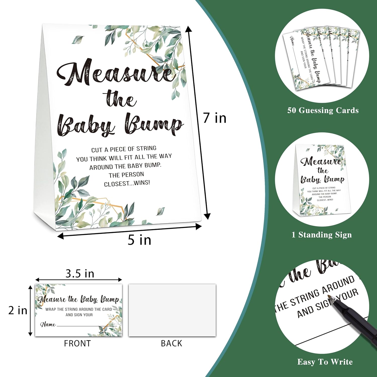 Baby Shower Game Set, Measure The Baby Bump(1 Standing Sign + 50 Find Cards), Neutral Greenery How Big Is Mommy'S Belly Party Game, Eucalyptus Gender Reveal Party Favor Decor(A01)