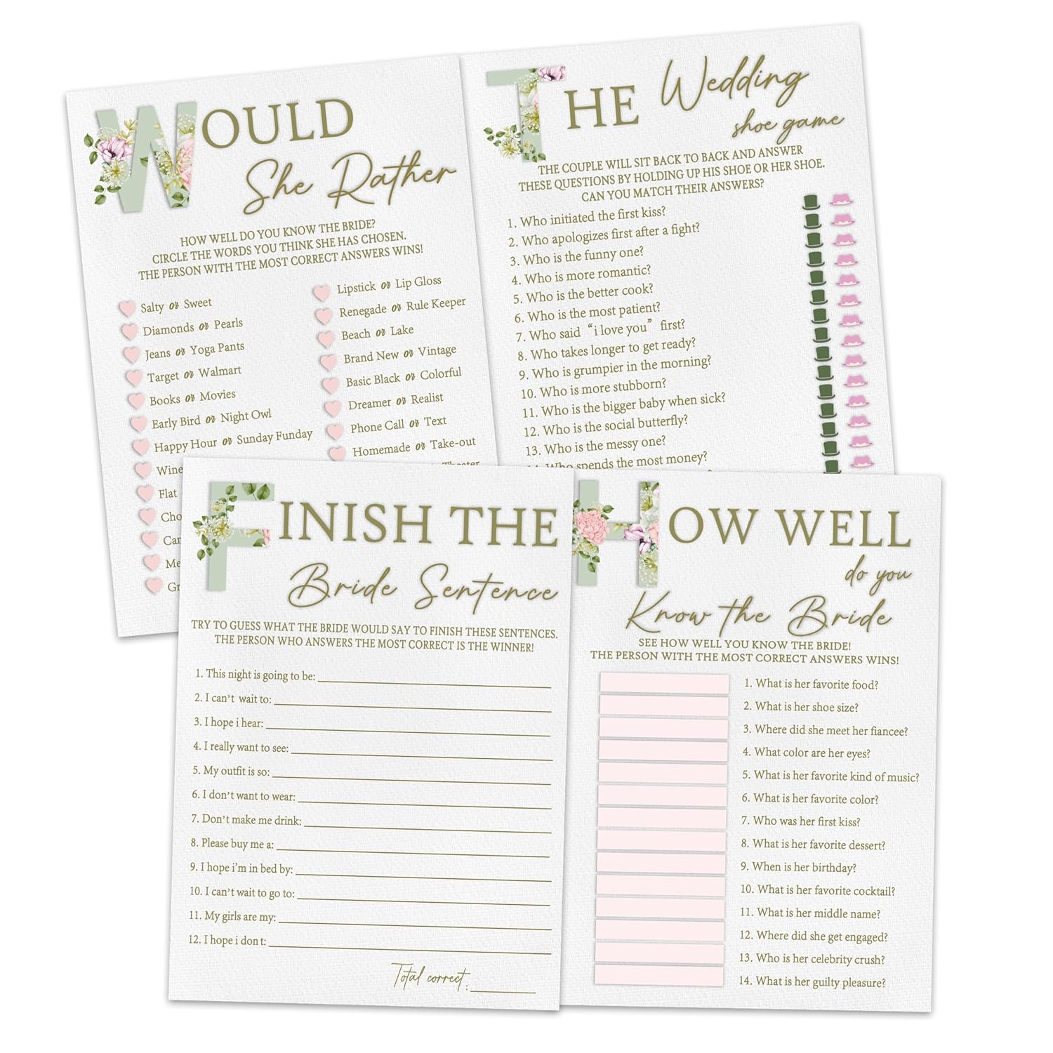 Bridal Shower Games Set– 50 Pack, Green Leaf Floral Wedding Party Games Cards, 4 Game Designs, Newlyweds Party Decoration, Engagement Party Games Supplies, Bachelorette Party Ideas -04