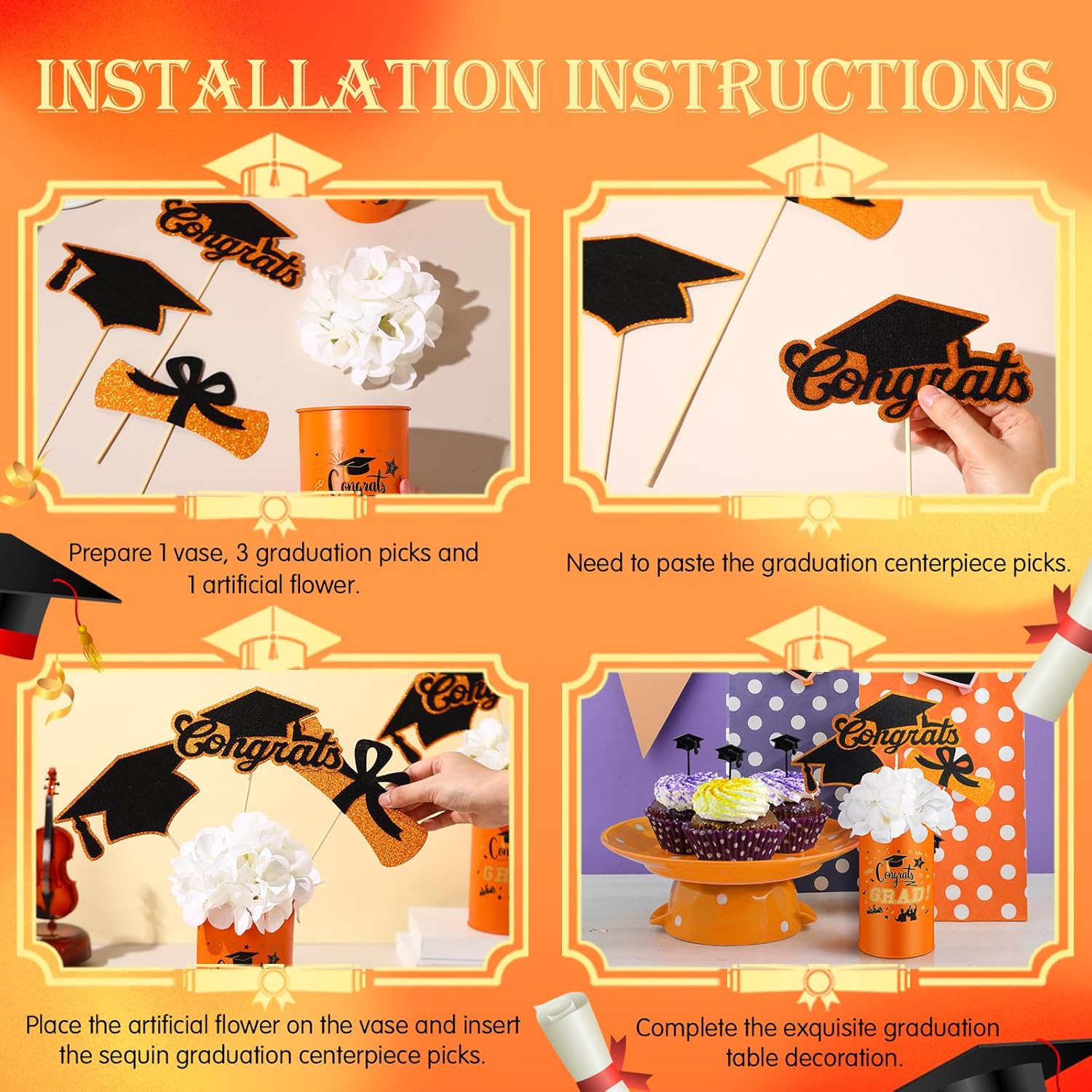 3 Sets Graduation Table Centerpiece Decorations Class Of 2025 Includes 3 Silk Artificial Flower 9 Congrats Grad Sticks Picks Toppers 3 Metal Vases For Home Party Supplies Gifts(Orange)