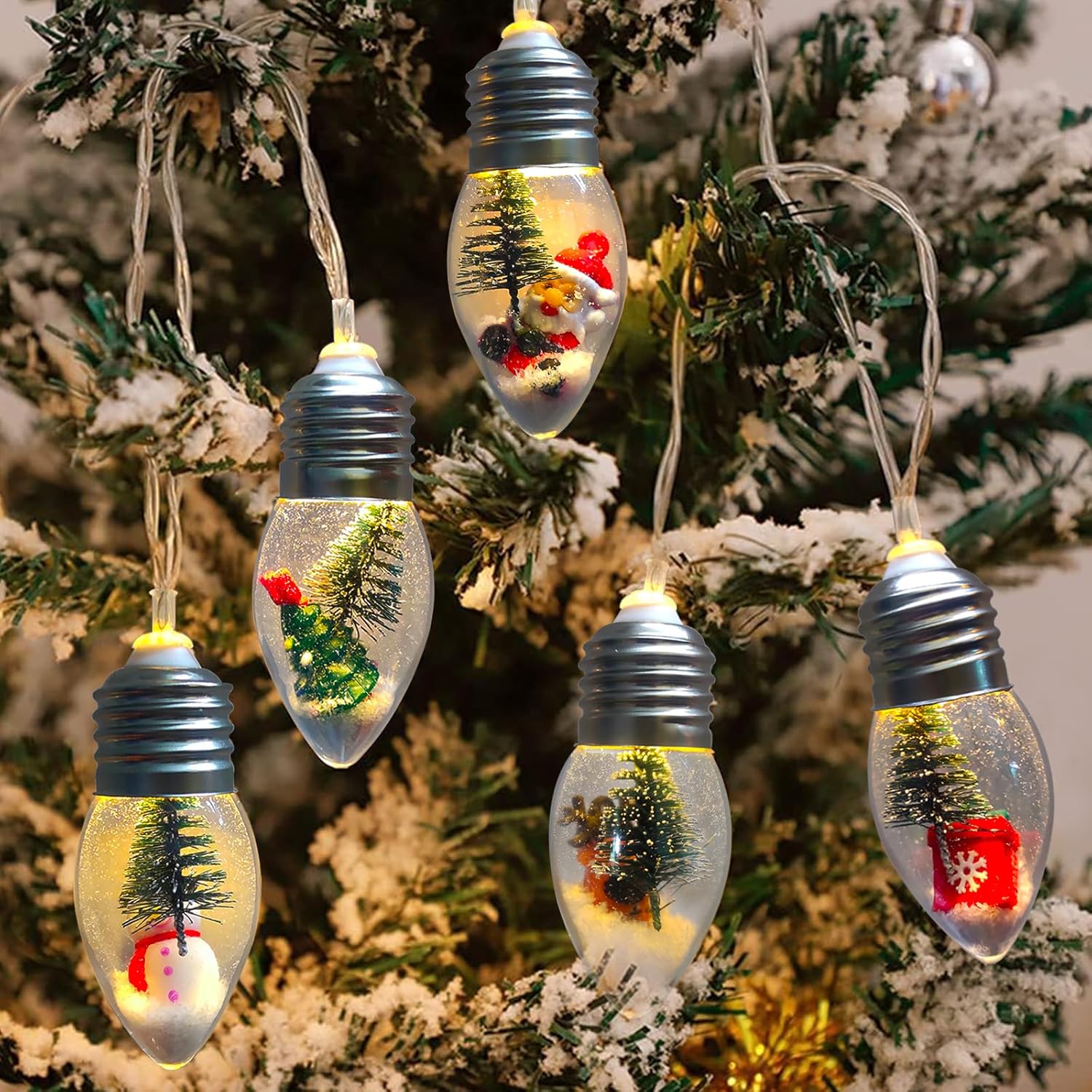 Christmas Lights Battery Operated 6.8Ft Led Christmas Tree Snow Globe Lights 10 Vintage Bulbs String Light For Indoor Ou