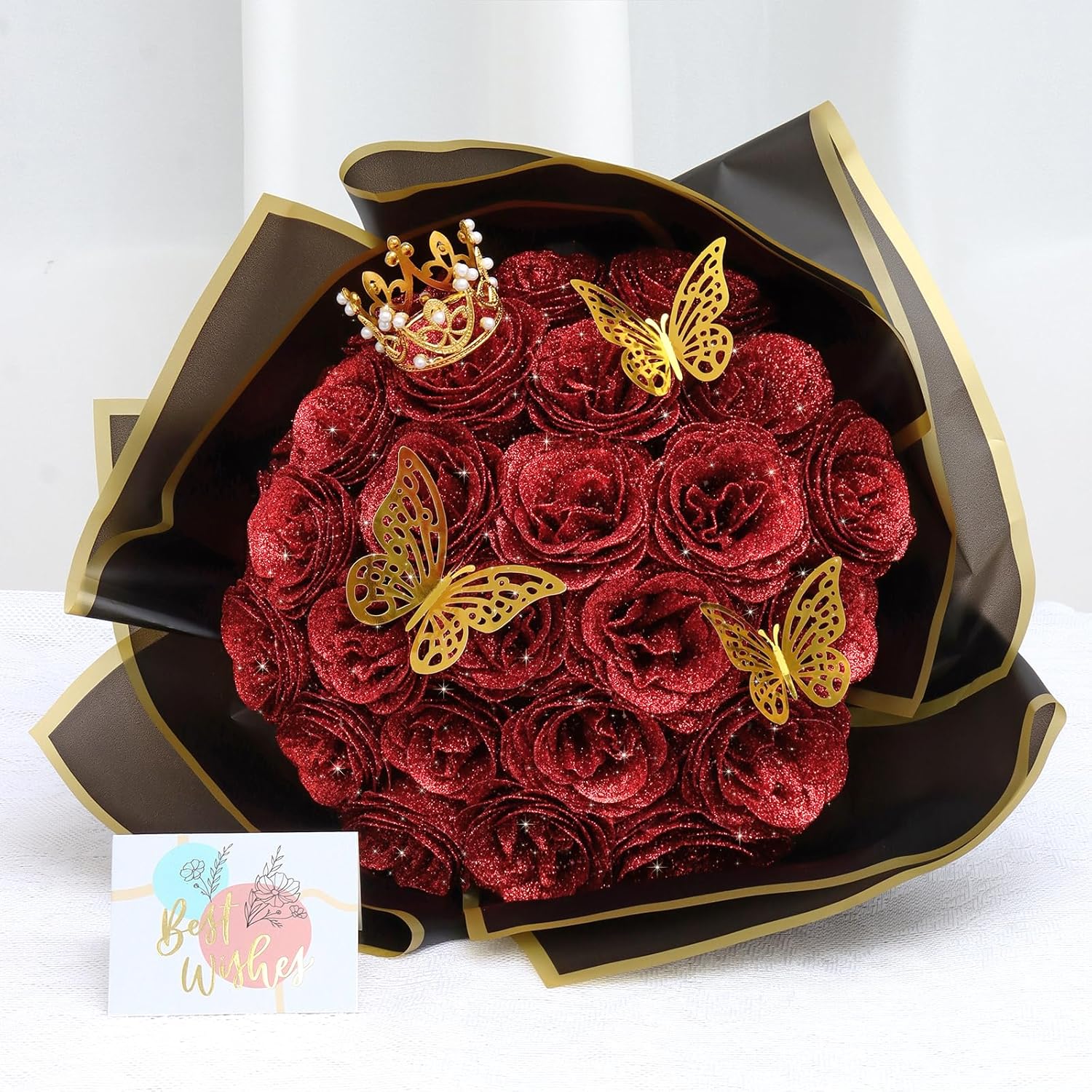 Glitter Roses Bouquet 26 Pack Diy Glitter Flowers Bouquet Shiny Artificial Red Rose Bouquet With Crown Butterfly For Mothers Day Flowers Anniversary Valentines Day Wedding Graduation Gift
