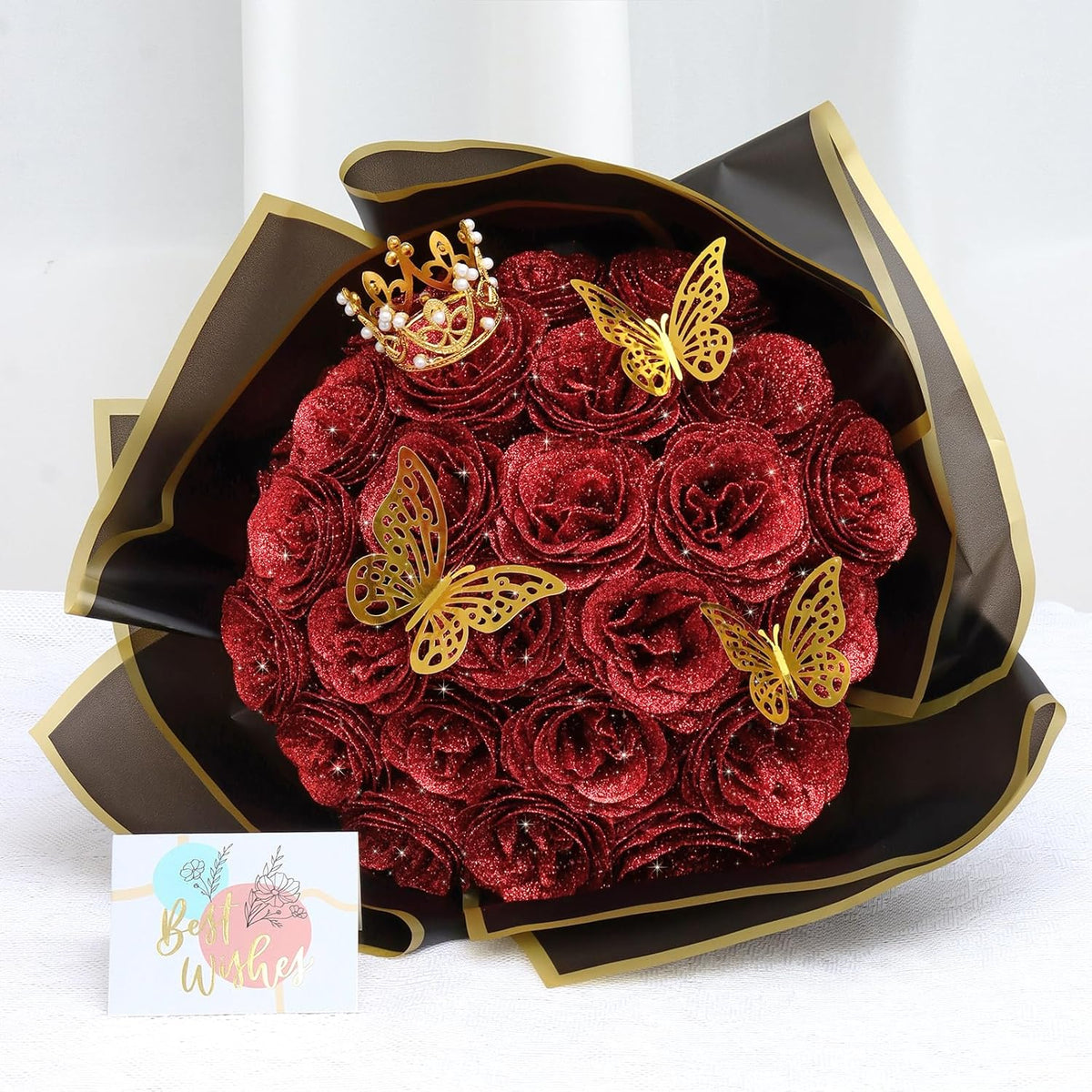 Glitter Roses Bouquet 26 Pack Diy Glitter Flowers Bouquet Shiny Artificial Red Rose Bouquet With Crown Butterfly For Mothers Day Flowers Anniversary Valentines Day Wedding Graduation Gift