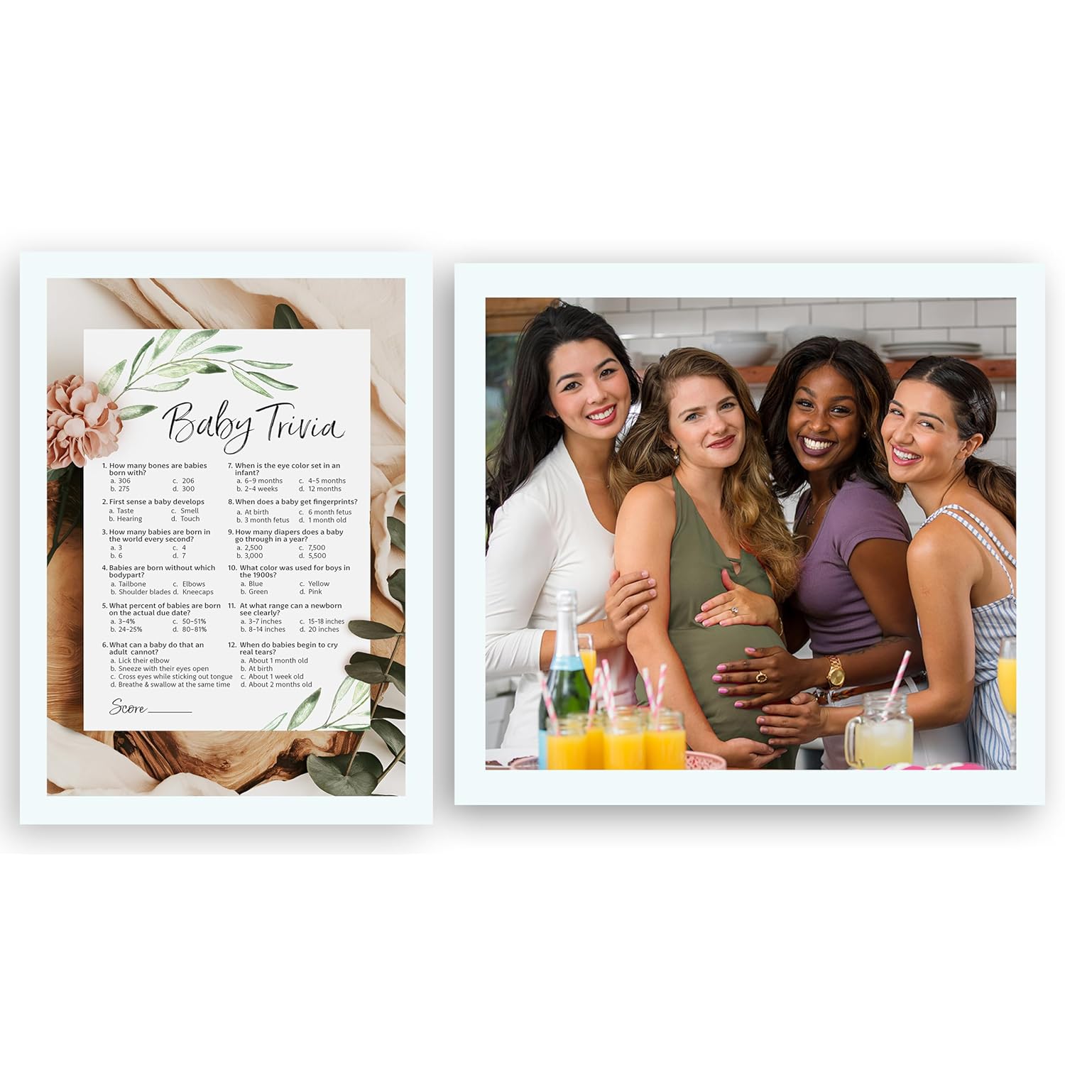 Greenery Baby Shower Games — Baby Trivia Game — Pack Of 25 — Fun Facts Trivia Green Olive Branch, Floral Rustic Gender Neutral Couples Shower Activity Reveal Party G320-Trv
