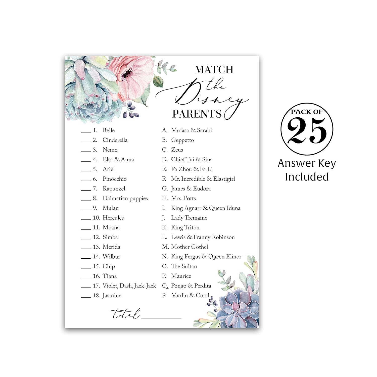 Succulents Baby Shower Game — Cartoon Parent Match Game — Pack Of 25 — Gender Neutral Shower Games, Succulent Greenery Baby Shower Activity Fun Match The Cartoon Parents Couples Shower G301-Dpm