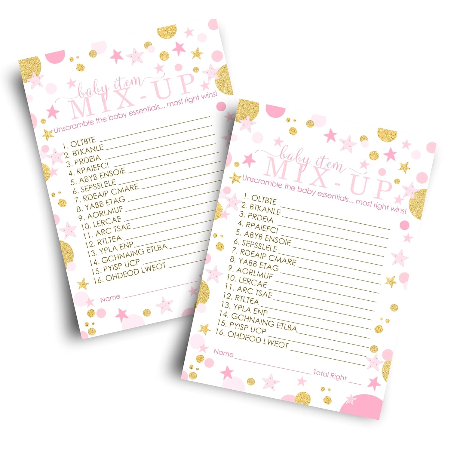 Twinkle Little Star Baby Shower Games For Girls - Word Scramble - Fun Gender Reveal Games For Guests - Royal Princess Theme In Pink And Gold - 25 Cards