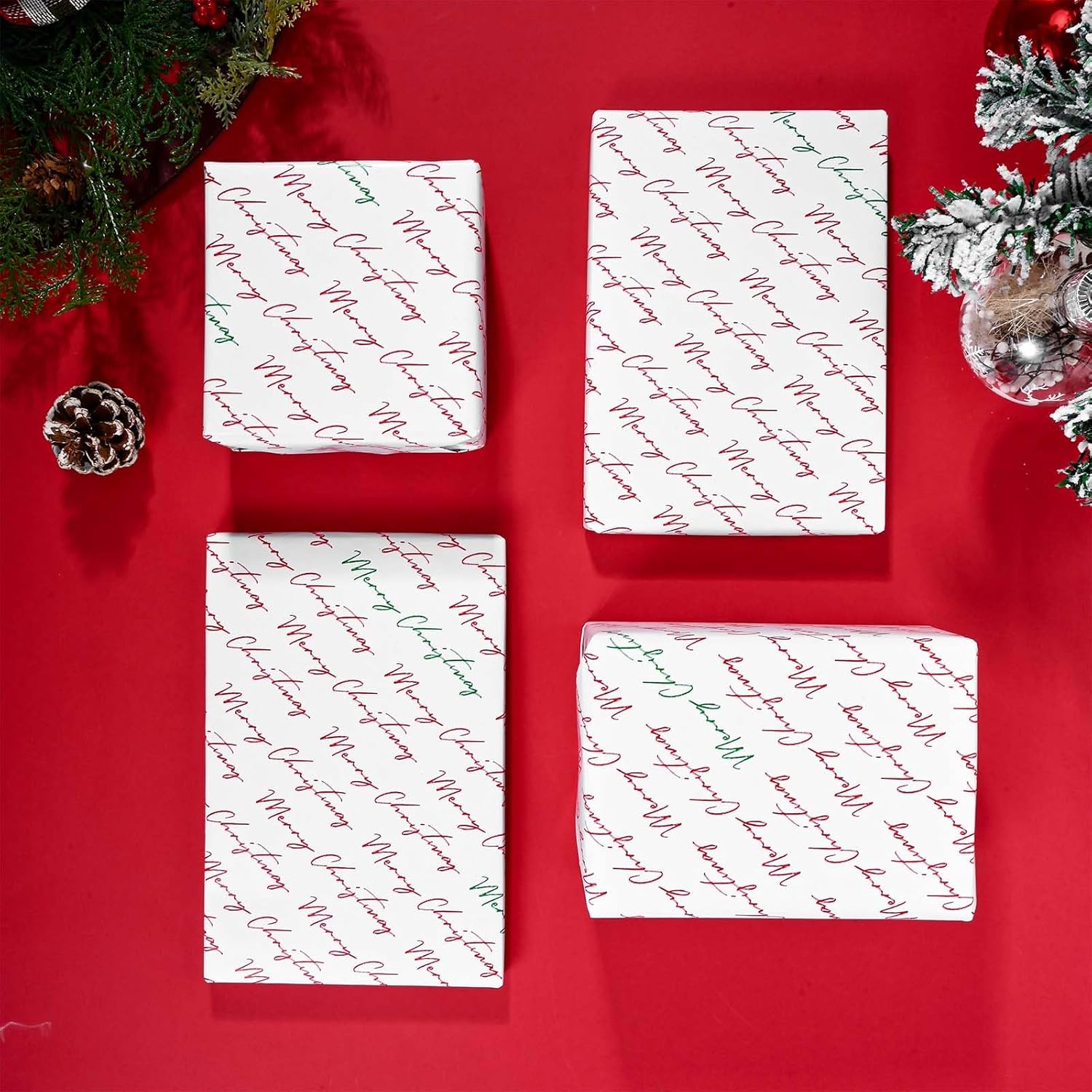 1Roll Christmas Wrapping Paper Red Green Merry Christmas Words Printed Gift Wrap Paper For Birthday Party Baby Shower Chrisrtmas Party Diy Craft Supplies, 17 Inch × 32.8 Ft
