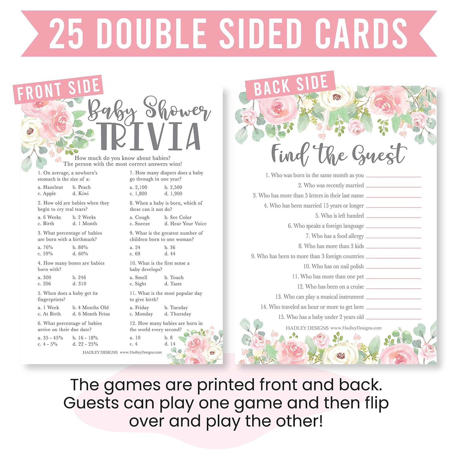 Baby Shower Games For 25 Guests - Floral Pink Girl Baby Shower Trivia Game, Find The Guest Babyshower Game Girl, Gender Reveal Trivia Games, Made In Usa