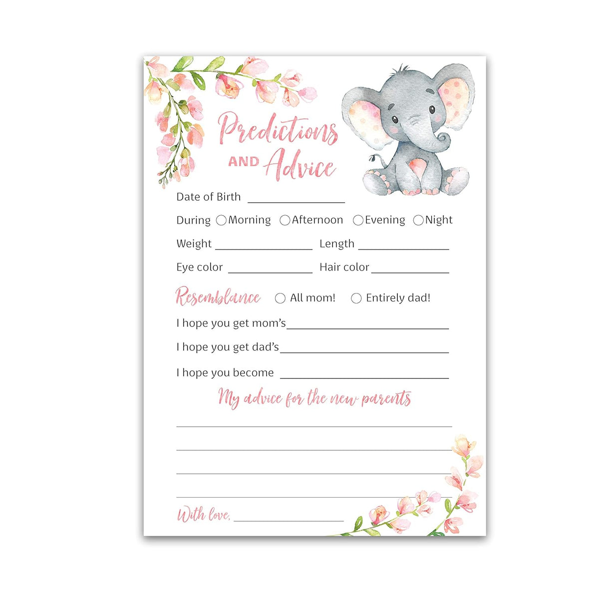 Pink Elephant Prediction And Advice Cards - Pack Of 25 - Girl Baby Shower Games, New Parents, Mom & Dad To Be Mommy & Daddy Message, Wishes, Couples Coed Shower Activity Keepsake Book Floral G530-Pdav