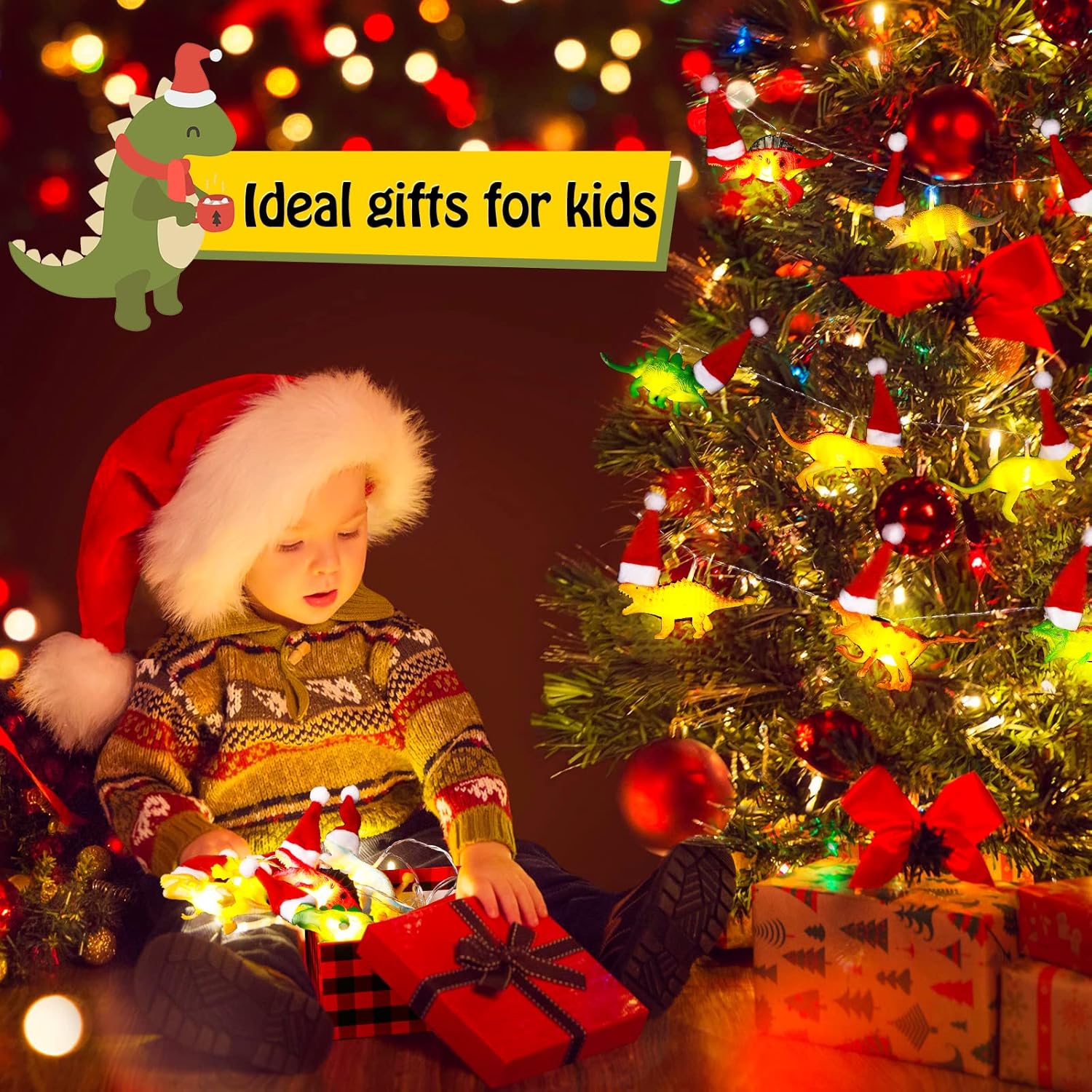 2 Pcs Christmas Dinosaur String Lights Total 13 Ft 20 Led Lights Hanging Dinosaur Lights Battery Operated Dino Lights Di