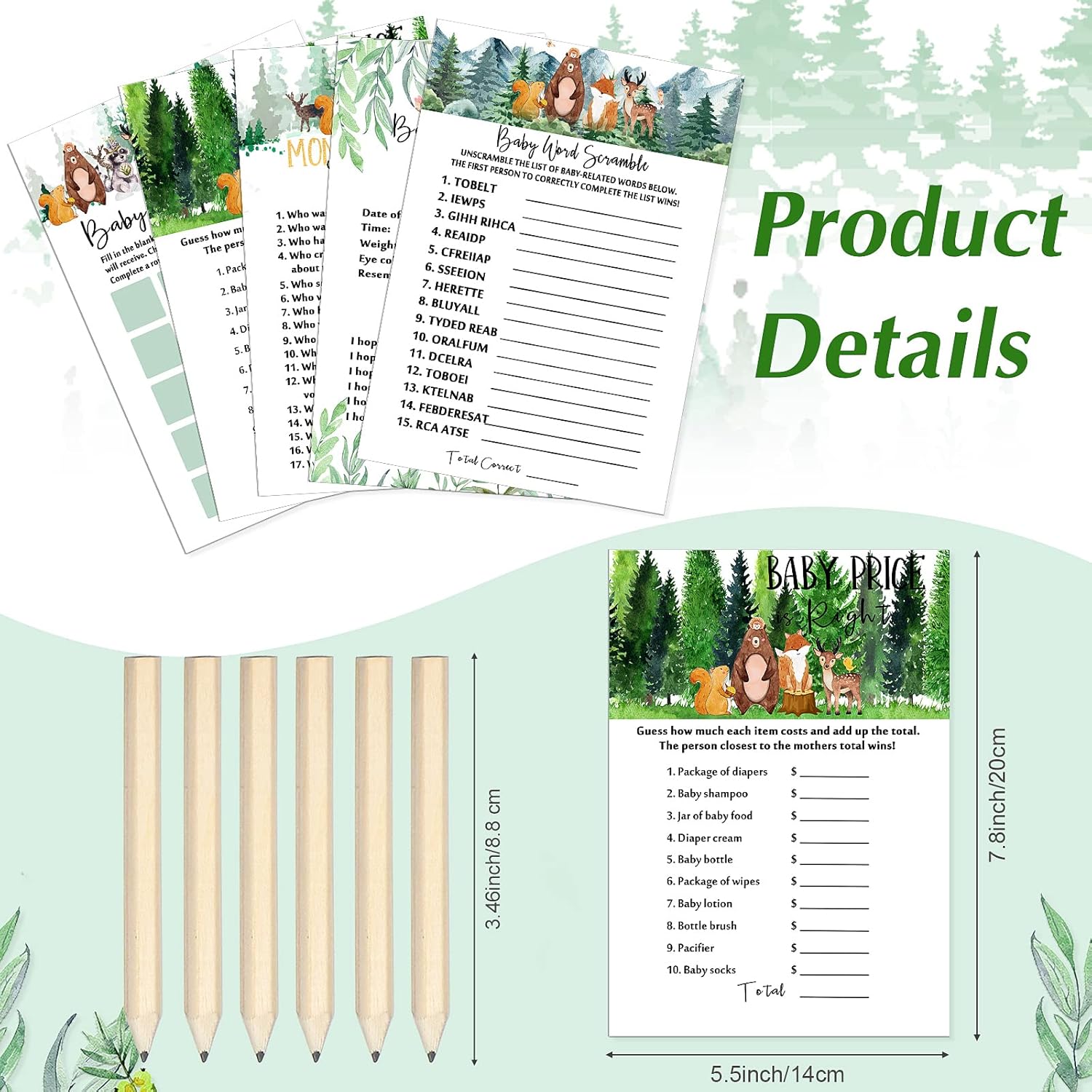 135 Pieces Woodland Baby Shower Game Cards Forest Animals Baby Shower 5 Set (25 Cards Each) With 10 Pencils Predict Who Mommy Or Daddy Well Wishes Woodland Creatures Theme For Boy Girl