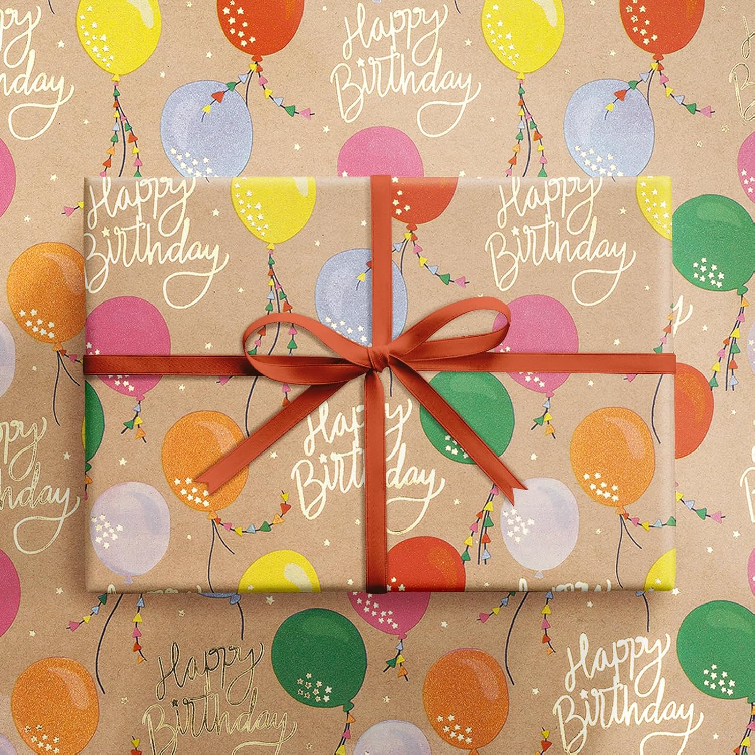Birthday Wrapping Paper Roll, Jumbo Roll, Colorful Balloons Gift Wrap Paper, Gold Foil Happy Birthday Kraft Wrap Paper Perfect For Boys Girls Party Celebrations, 30 Inches X 16.4 Feet