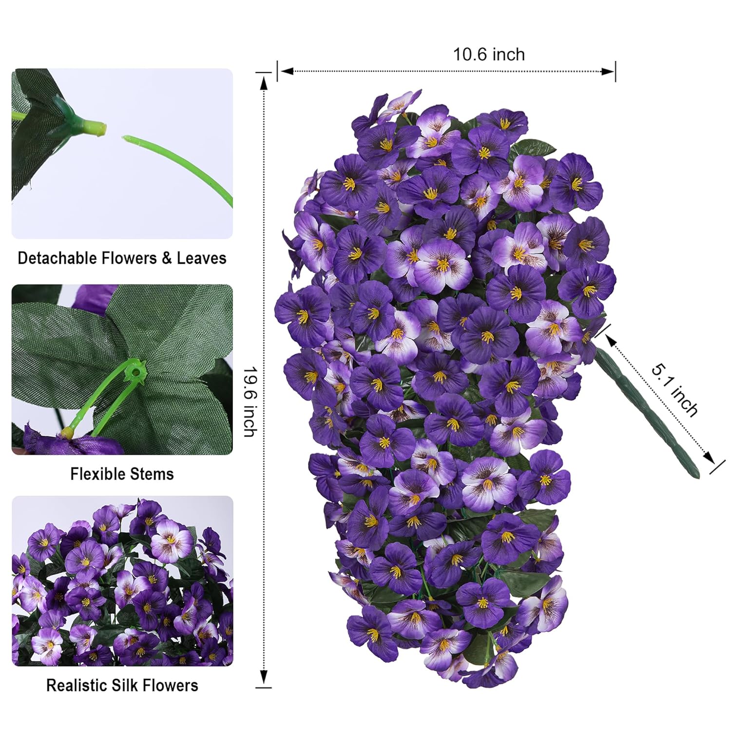 Artificial Flowers For Outdoors 2Pcs Faux Silk Pansy Vines Lush Uv Resistant Fake Hanging Flower Plants For Outside Porch Yard Patio Window Box (White)