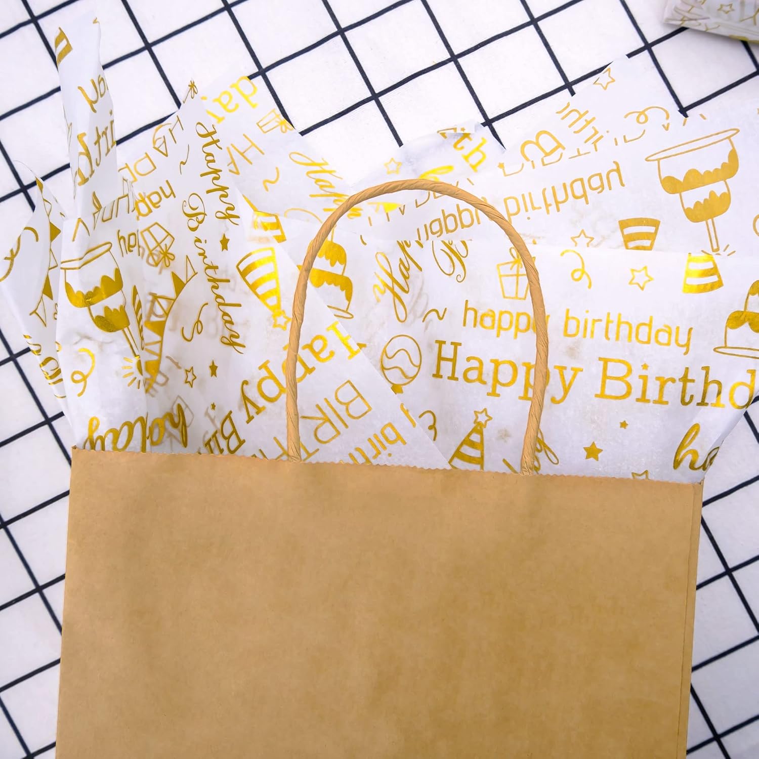 100 Sheets Gold Birthday Tissue Paper Bulk,20" X 14",White With Gold Happy Birthday Design Tissue Paper For Gift Bags,Gold Birthday Tissue Paper For Birthday Party
