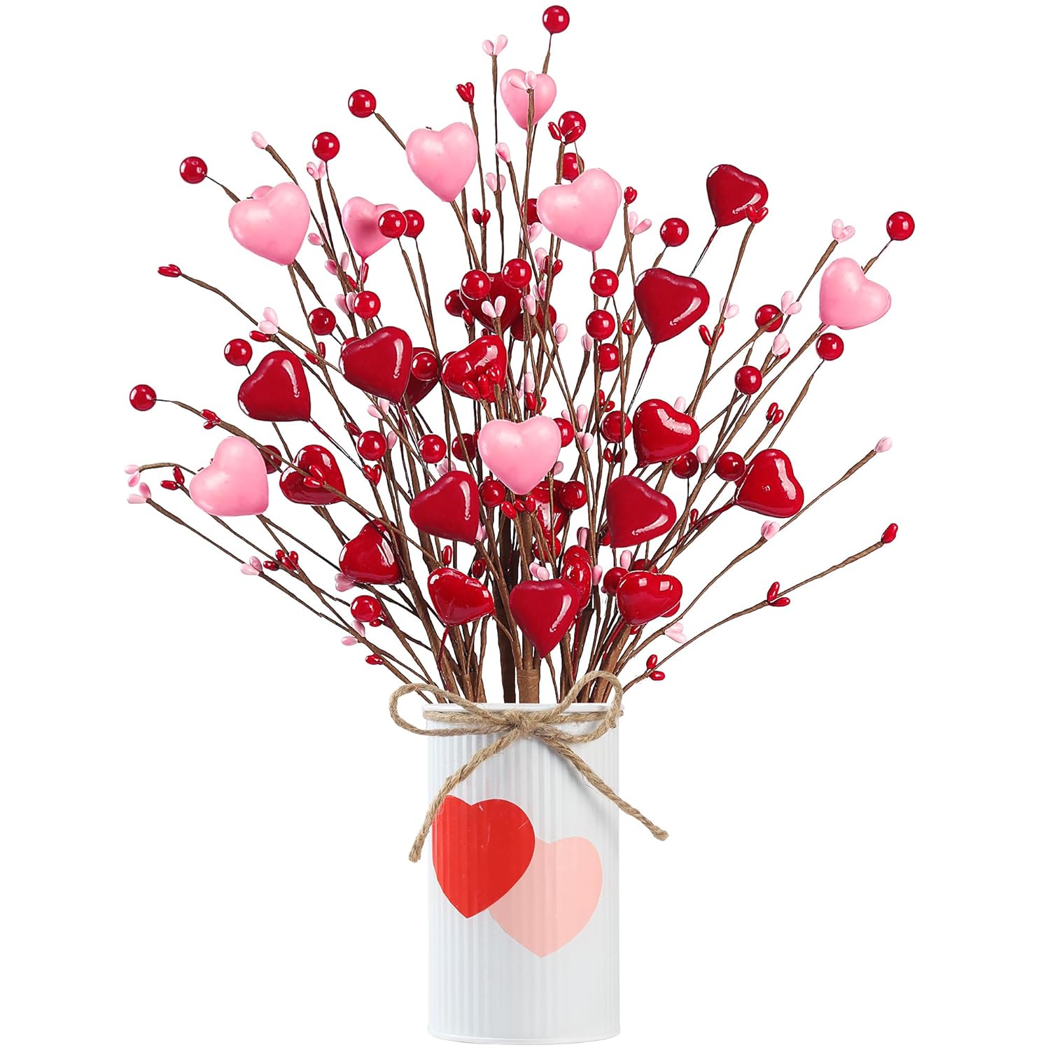 Valentine’S Day Gifts 6 Pcs Heart Shaped Berry Picks With White Metal Pot Artificial Red Heart Berry Twig Stem Branches For Valentine’S Day Anniversary Flower Bouquets Wedding Home Decor