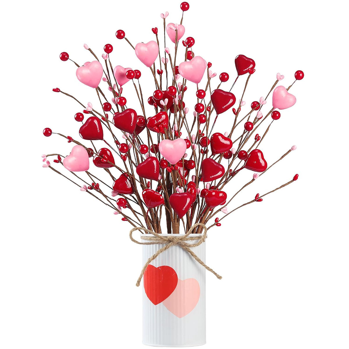 Valentine’S Day Gifts 6 Pcs Heart Shaped Berry Picks With White Metal Pot Artificial Red Heart Berry Twig Stem Branches For Valentine’S Day Anniversary Flower Bouquets Wedding Home Decor