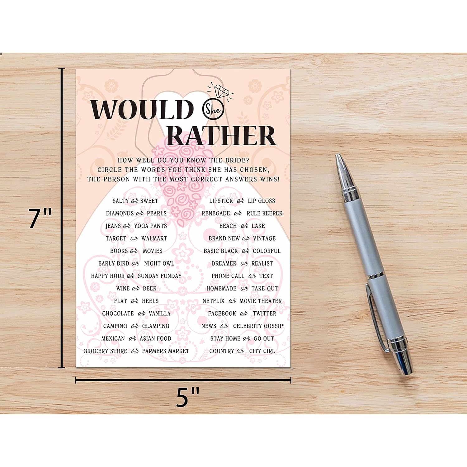 Bridal Shower Game Cards, Would She Rather Game, Brid With Holding Flowers Pink Engagement Party Cards For Wedding, Set Of 30 Cards(Dress003)