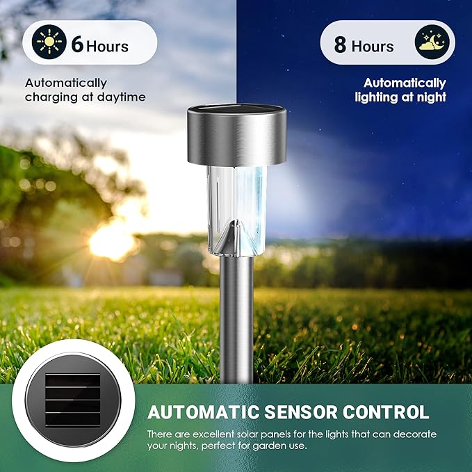 16 Pack Stainless Steel Solar Garden Lights Waterproof Cold White Landscape Pathway Lights