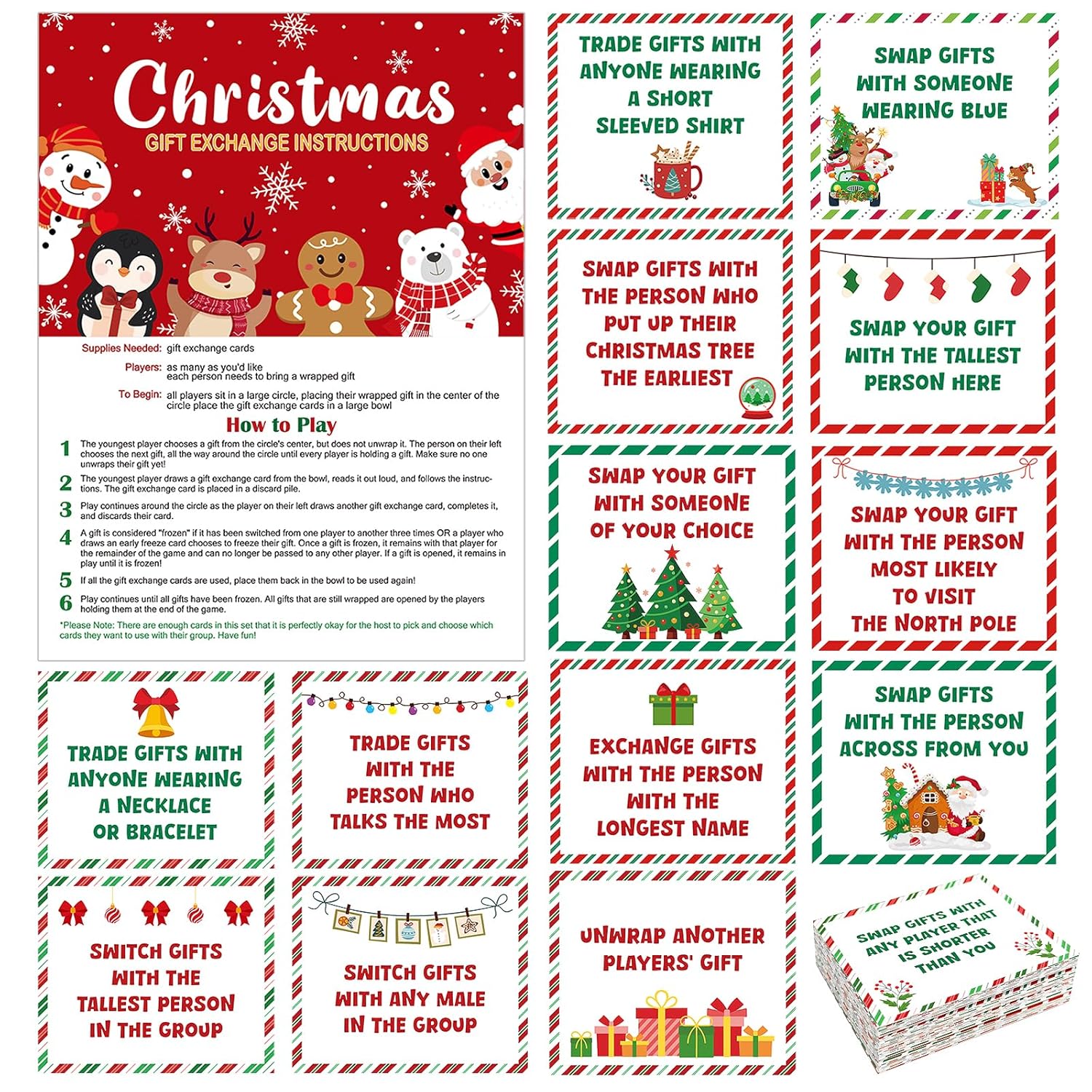 61 Pcs Christmas Gift Exchange Game Cards Merry Christmas Party Games White Elephant Gift Exchange Card Xmas Holiday Present Swap For Adults Large Group Family Women Men Coworker Supplies Winter Paper