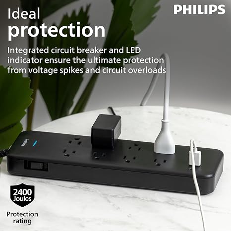 Surge Protector Power Strip 9 Outlets 2 USB Ports USB C 2400J 6FT Flat Plug Braided Cord Black