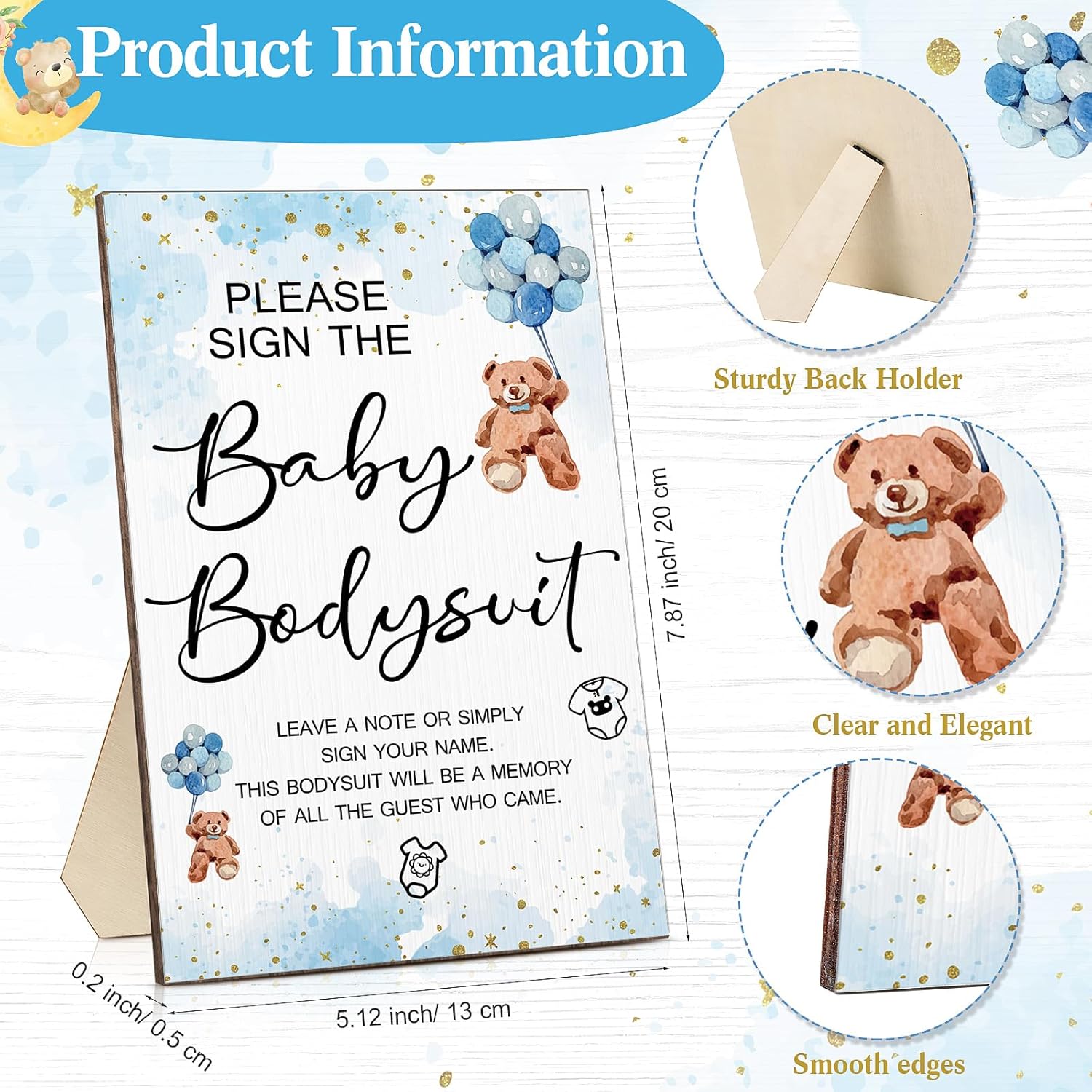 12 Pcs Baby Shower Game Party Favors With White Unisex Bodysuit Wooden Sign Tabletop Decor And Marker For Guests(Blue Bear)