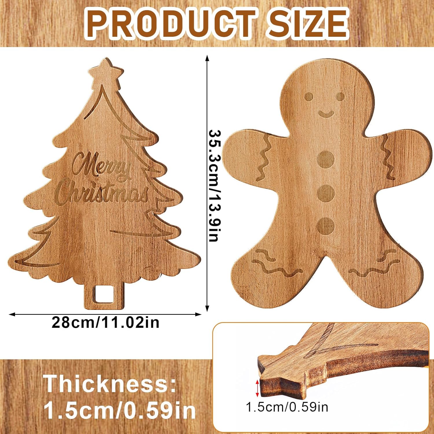 2Pcs Merry Christmas Tree & Gingerbread Man Wooden Cutting Board With Handle - Xmas Charcuterie Board For Kitchen, Cheese, Fruit, Bread, Salad, Vegetable, Snack, Dessert
