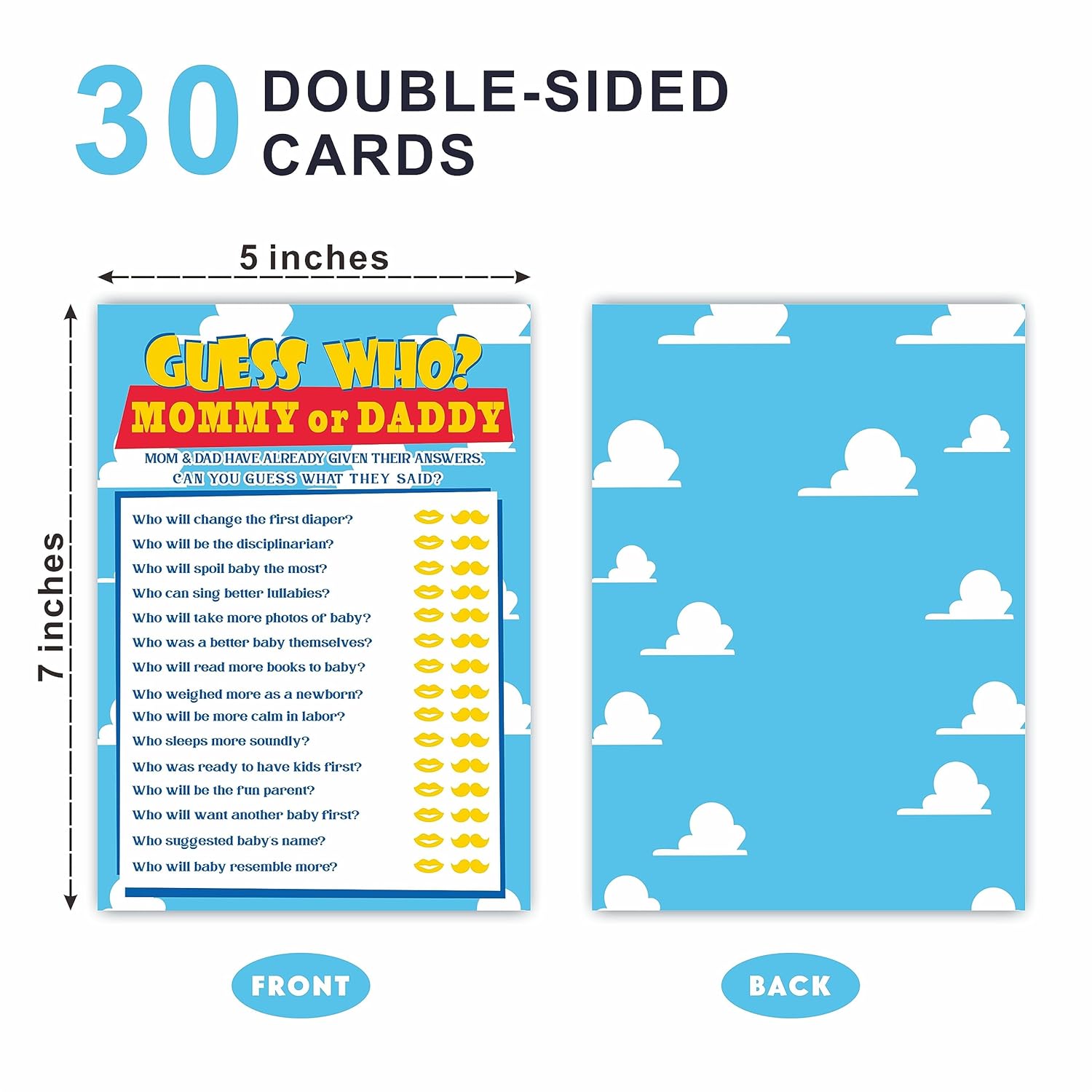 30 Baby Shower Guess Who Mom Or Dad Game, Sky & Clouds Theme 5 X 7 Inches Double Sided Fill-In Game Cards For Boys Or Girls, Gender Neutral Party Favor & Supplies-D03