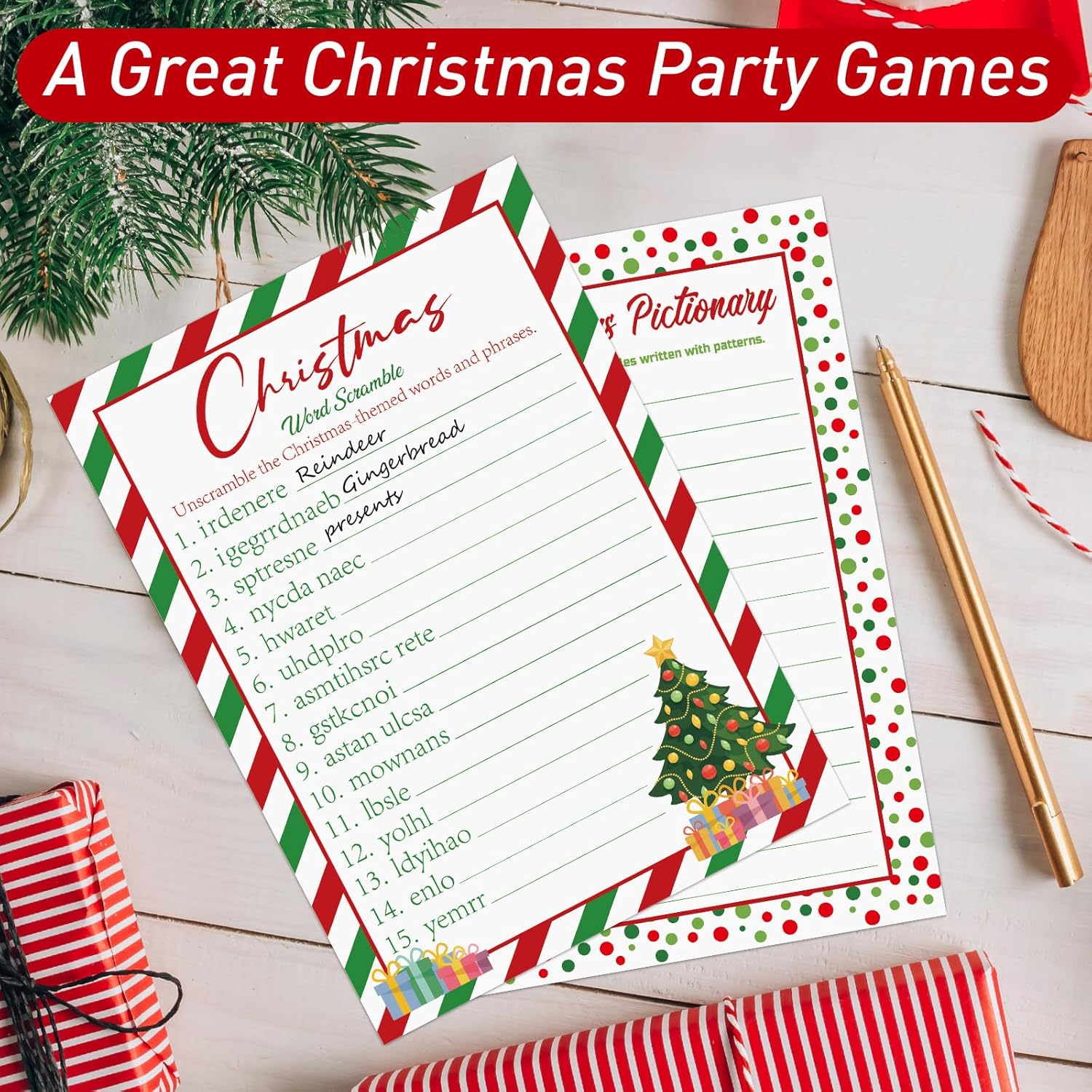 30 Players Christmas Party Games For Adults Family Office Large Groups, Xmas Parties Songs Pictionary Game, Guesstures Game, Word Scramble Games With Answer Key (Christmas Tree)