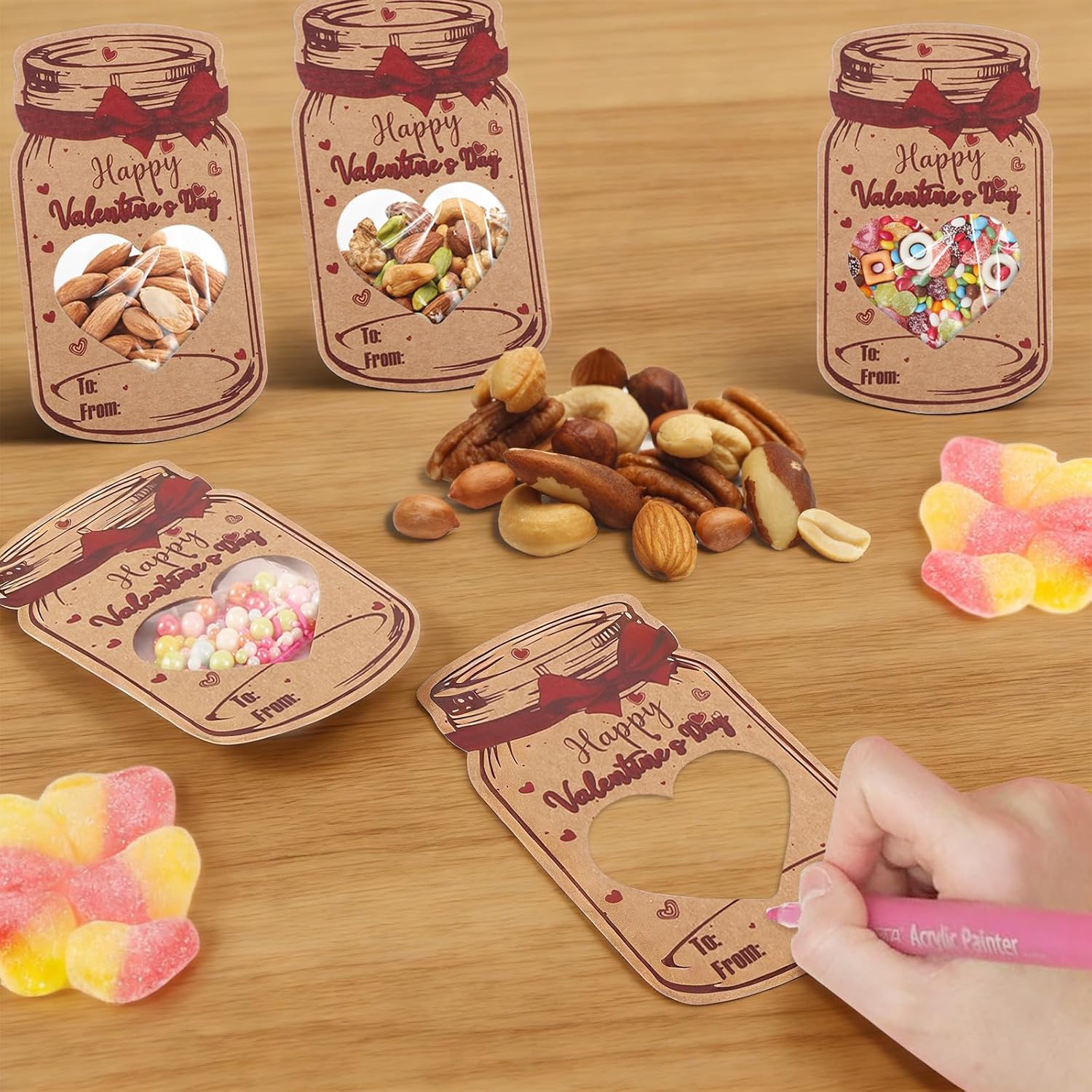 60 Pcs Valentines Day Cards, Diy Hollowed Out Heart Mason Jar Card, Romantic Love Note For Lover, Couple, Friends, Family, Classroom Gift Exchange