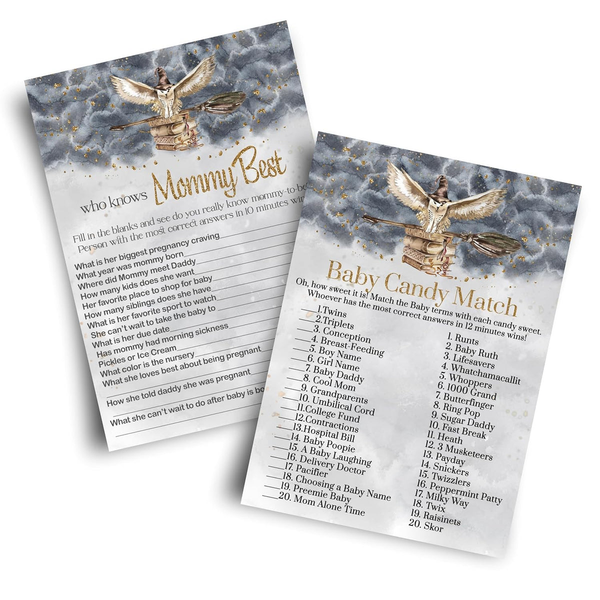 Magic Owl Baby Shower Games - 25 Who Knows Mommy Best & 25 Candy Matching Activities - Black And Gold Owl Theme Double-Sided 5X7 Cards, Bundle Pack, Wizard Or Witch Halloween