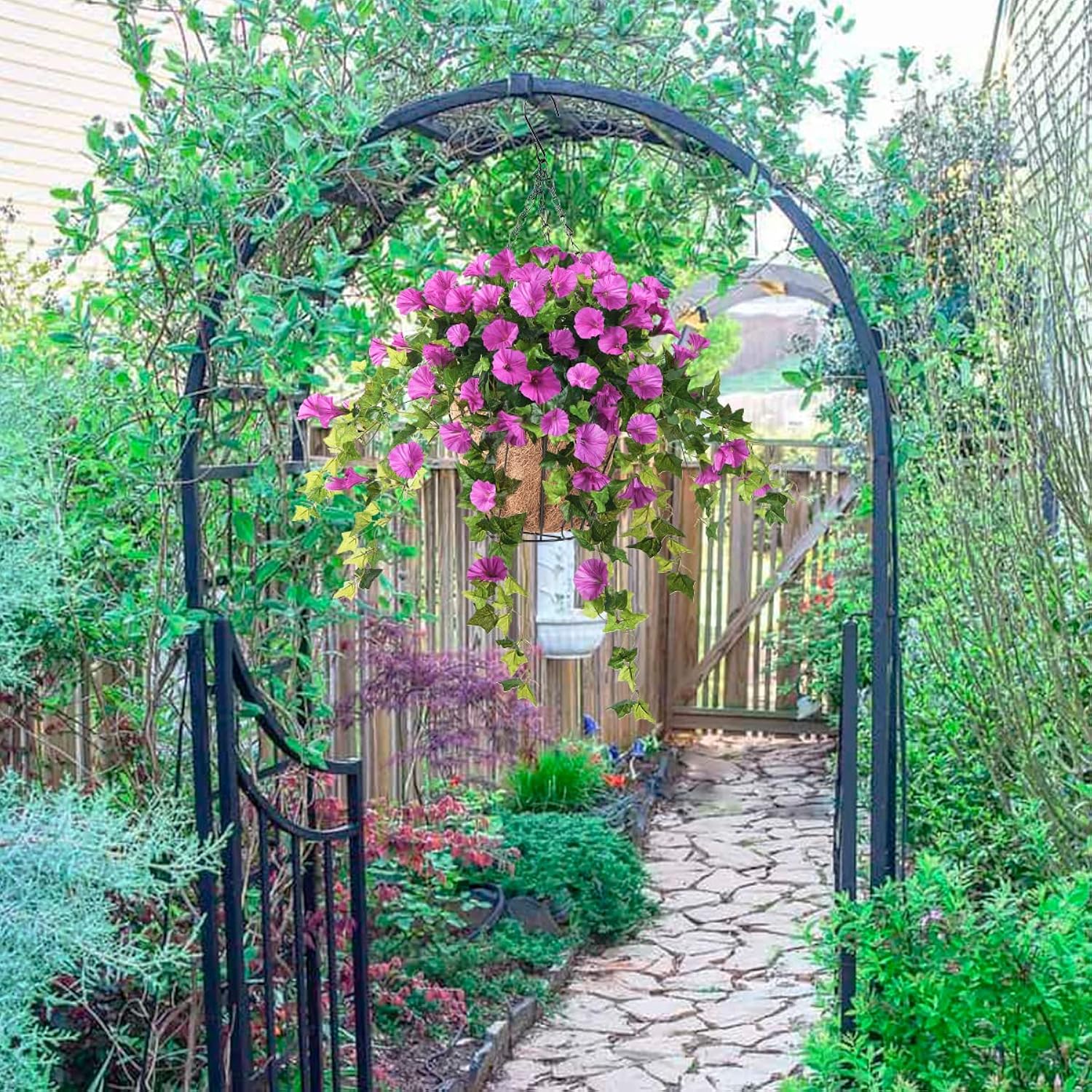 Artificial Vine Silk Petunia Flowers Hanging Plant In Basket, Coconut Lining Basket Hanging Plant For Patio Lawn Garden Porch Spring Decor (Purple)